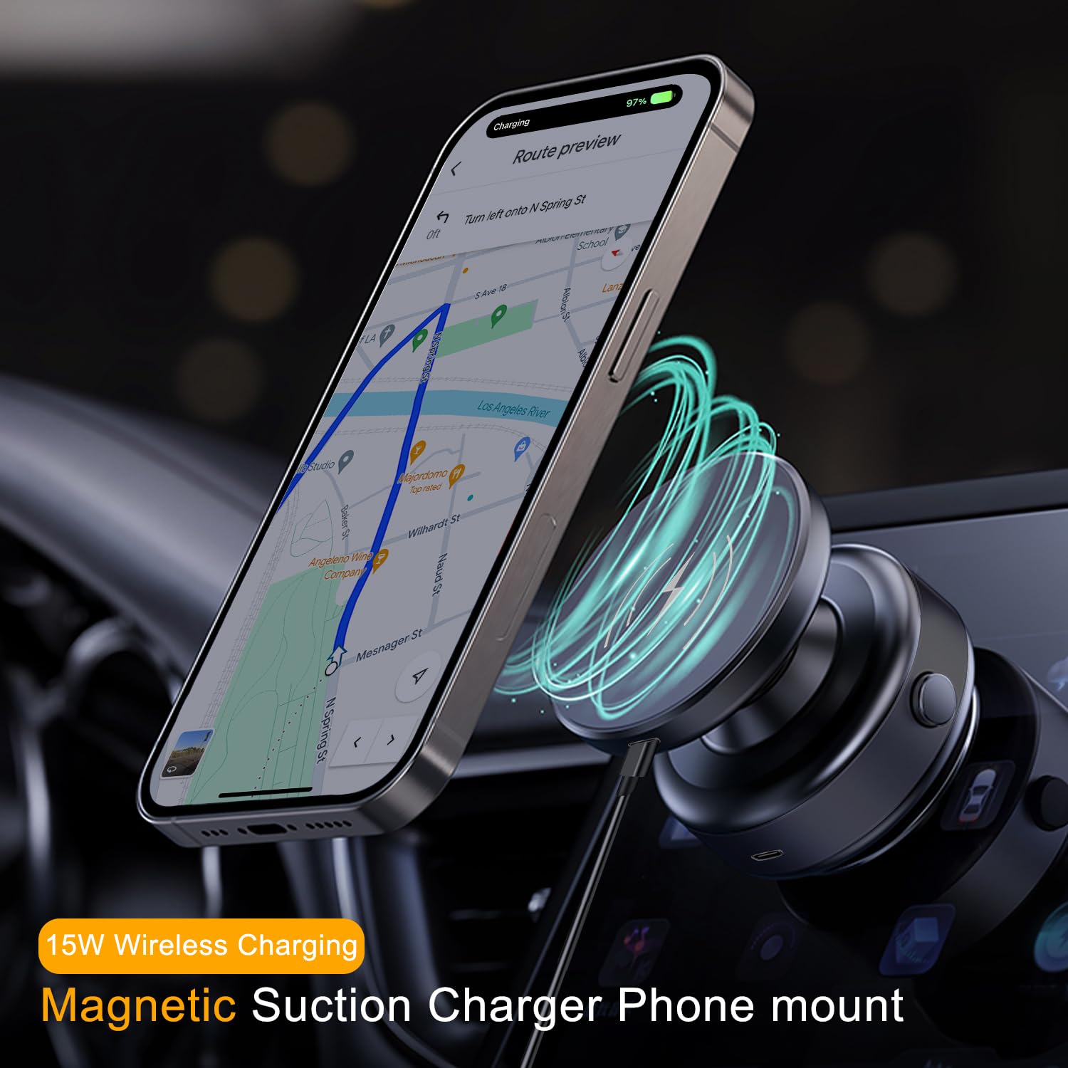 15W MagSafe Wireless Car Charger Mount - 360° Adjustable N52 Magnetic Phone Holder for iPhone | Strong Vacuum Suction for Windshield, Dashboard & Smooth Surfaces | Perfect for Commuting, Road Trips & Hands-Free Charging
