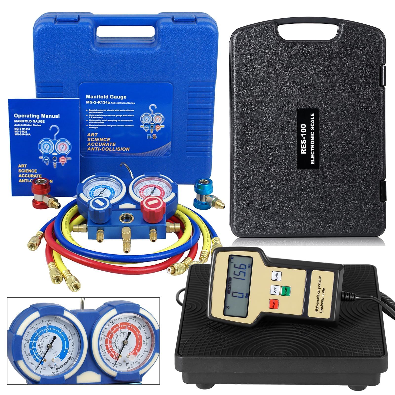 F2C Digital Refrigerant Electronic Charging Scale - HVAC AC Manifold Gauge Set for R134a - Professional Automotive & Home AC Repair Tool Kit