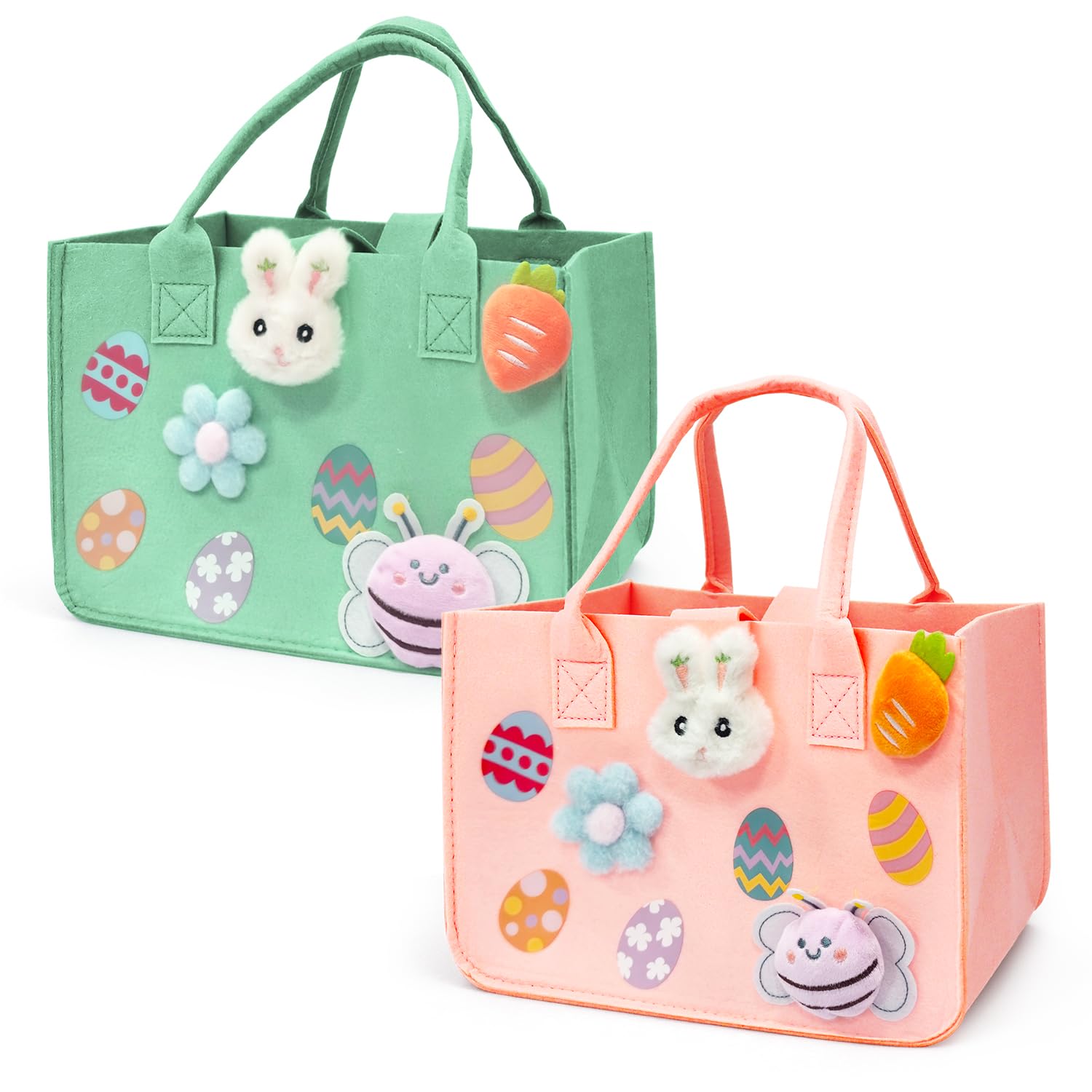 PARSUP 2PCS Easter Egg Hunt Bags with Handles - Happy Easter Bunny Gift Bags for Treats, Felt Easter Party Supplies for Egg Hunt Games & Gift Wrapping, 12