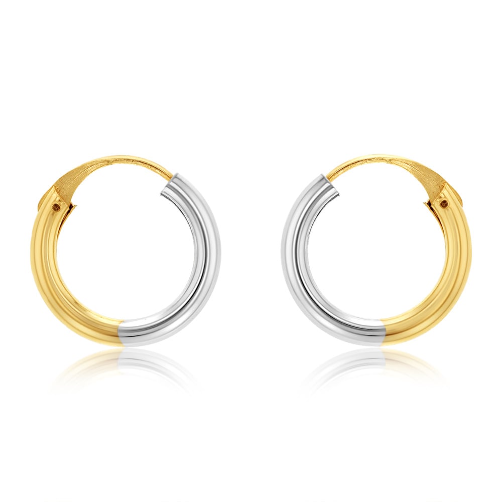 9ct White and Yellow Gold Two-Tone 12mm Sleeper Hoop Earrings for Women - Comfortable Sleep & Everyday Wear - Perfect Gift for Her