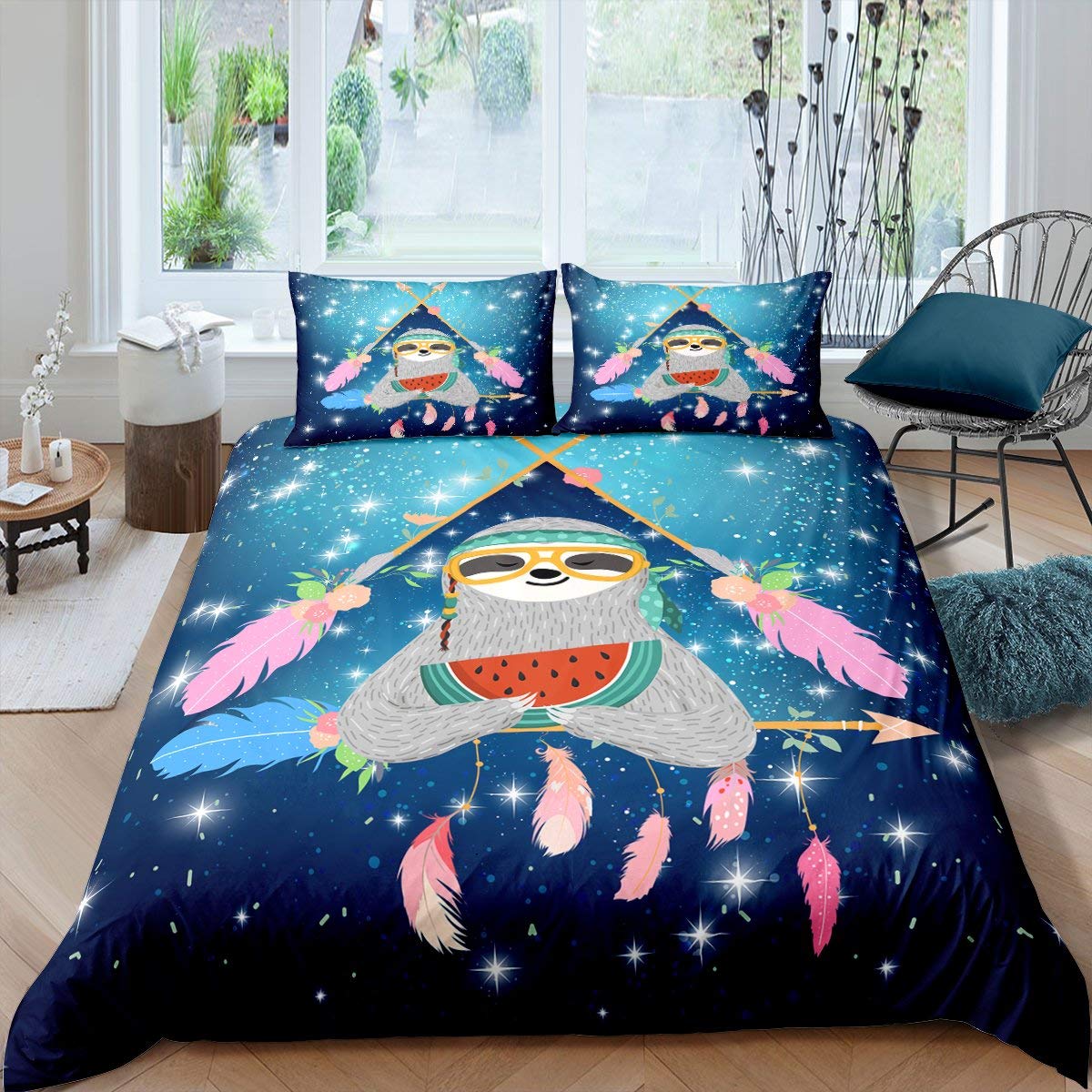 **Dream Catcher Feather Comforter Cover for Kids & Teens - Sloth Animal Duvet Cover Twin Size, Blue Starry Sky Bohemian Bedding Set with Bling - 2 Piece Set for Boys & Girls Bedroom Decor**    **Usage Scenarios:** Perfect for kids' and teens' bedrooms, dorm rooms, or bohemian-themed decor, adding a playful and cozy touch to any space.