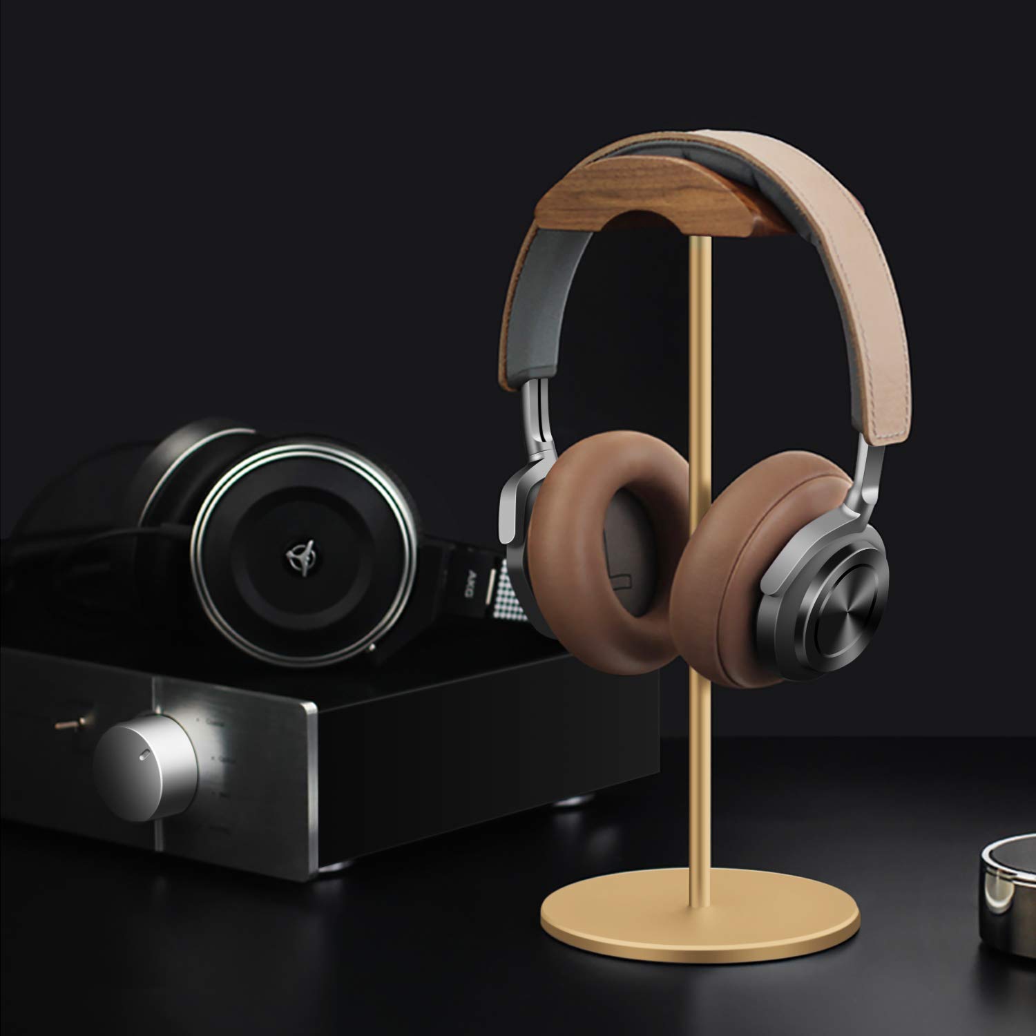 Premium Walnut Wood & Aluminum Headphone Stand - Sturdy Gaming Headset Holder with Heavy Base for All Headphone Sizes (Gold) | Perfect for Desk Organization & Gaming Setup Accessories