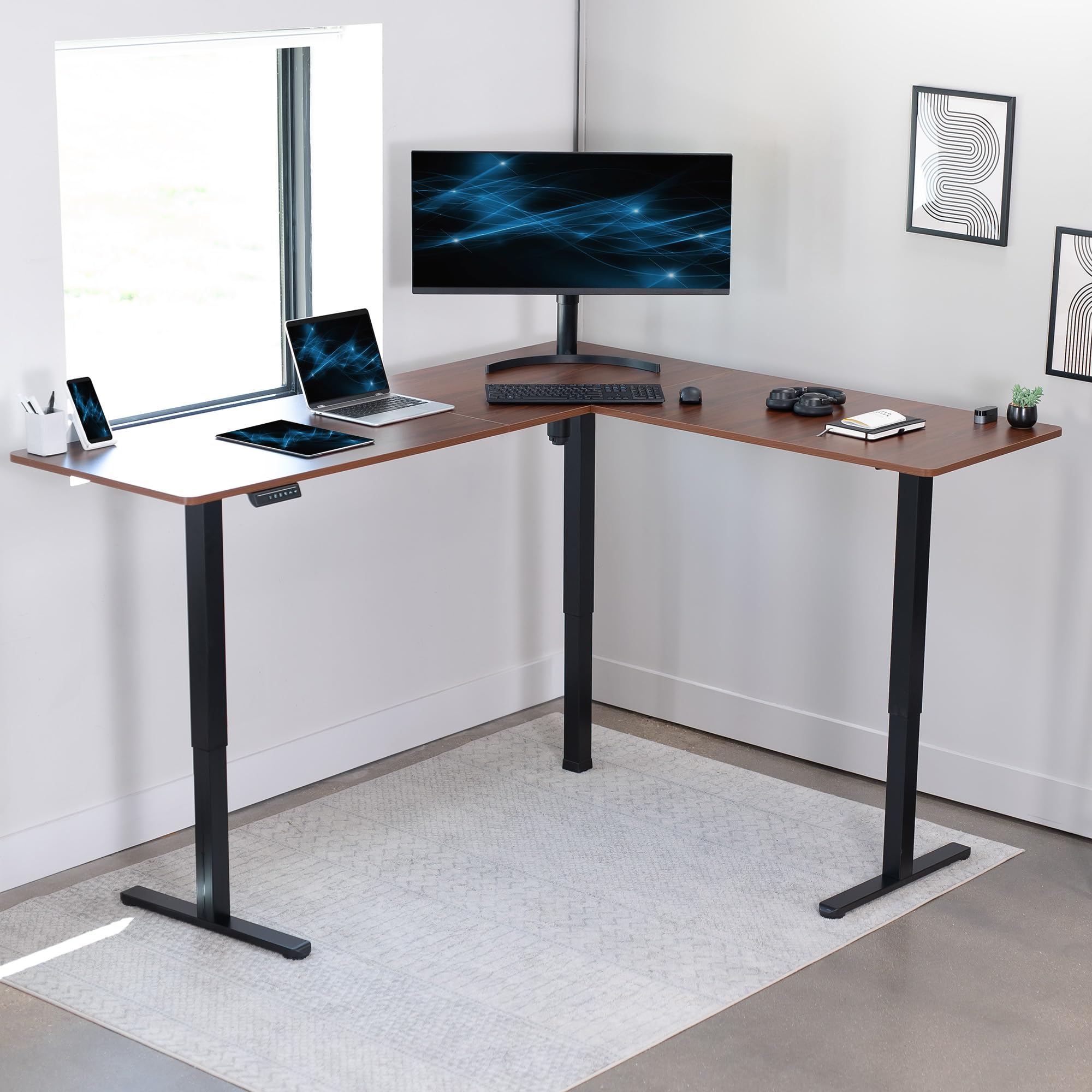 VIVO Electric L-Shaped Standing Desk 75 x 63 Inch - Height Adjustable with Memory Controller, Dark Walnut Top & Black Frame (DESK-E3CTD-75) - Perfect for Home Office, Gaming Setup and Workspace Ergonomics