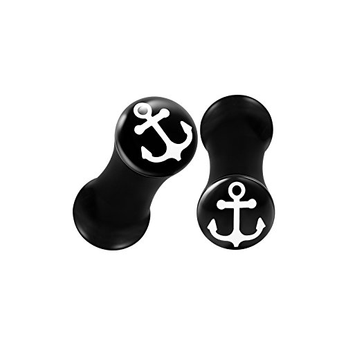 Black Acrylic White Anchor Double Flared Saddle Ear Stretcher Plugs - Flesh Tunnel Earrings for Lobe Piercing - Perfect for Gauging, Stretching, and Alternative Fashion Styles