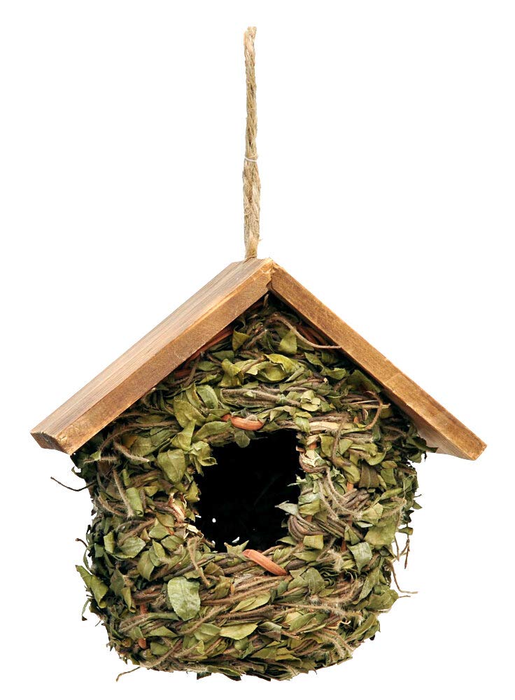 5757 Leaves and Wooden Roof Bird House - Natural Wooden Birdhouse for Small Birds, Outdoor Garden Decoration for Backyard, Patio, and Balcony