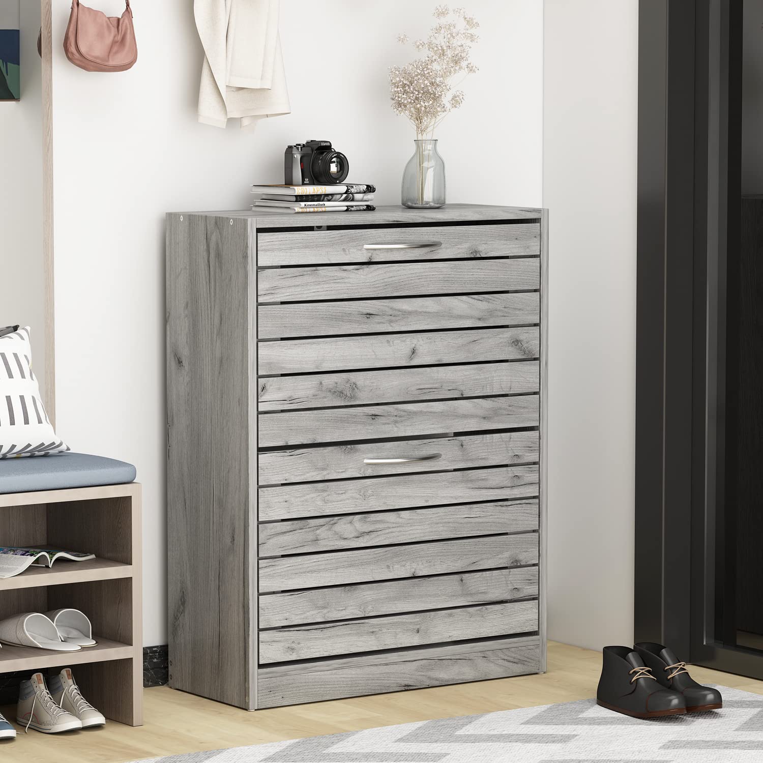 Homsee Modern Shoe Storage Cabinet with 2 Flip Drawers & Louver Doors - 2-Tier Wooden Shoe Rack Organizer for Entryway, Hallway & Bedroom - Grey (22.4”L x 9.4”W x 29.5”H) - Perfect for Small Spaces & Closet Organization