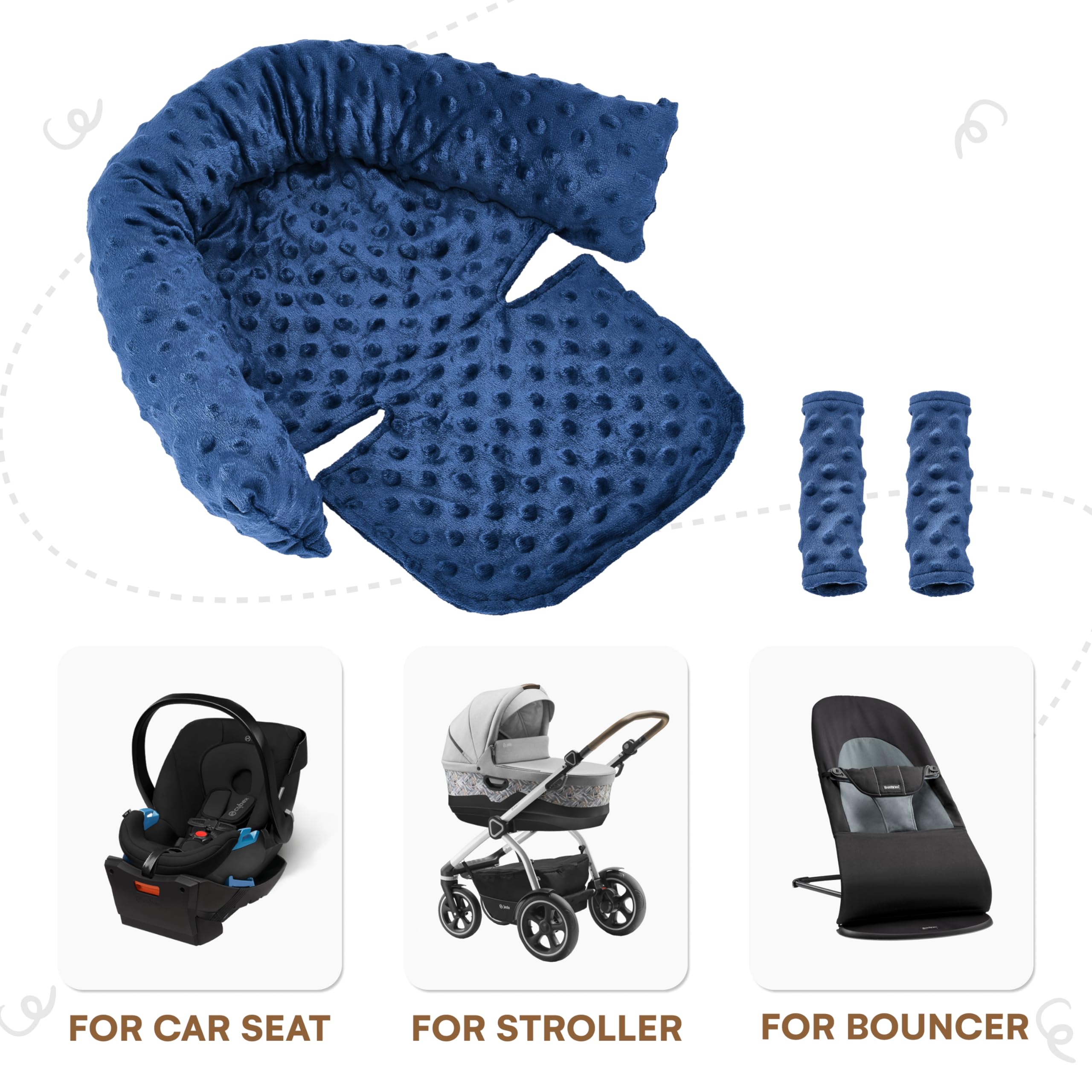 Baby Car Seat Head Support Strap - Minky Dotted Fabric Car Padding - Adjustable Body Support Strap - Dark Blue - Ideal for Car Seats, Strollers, Trampolines, and High Chairs