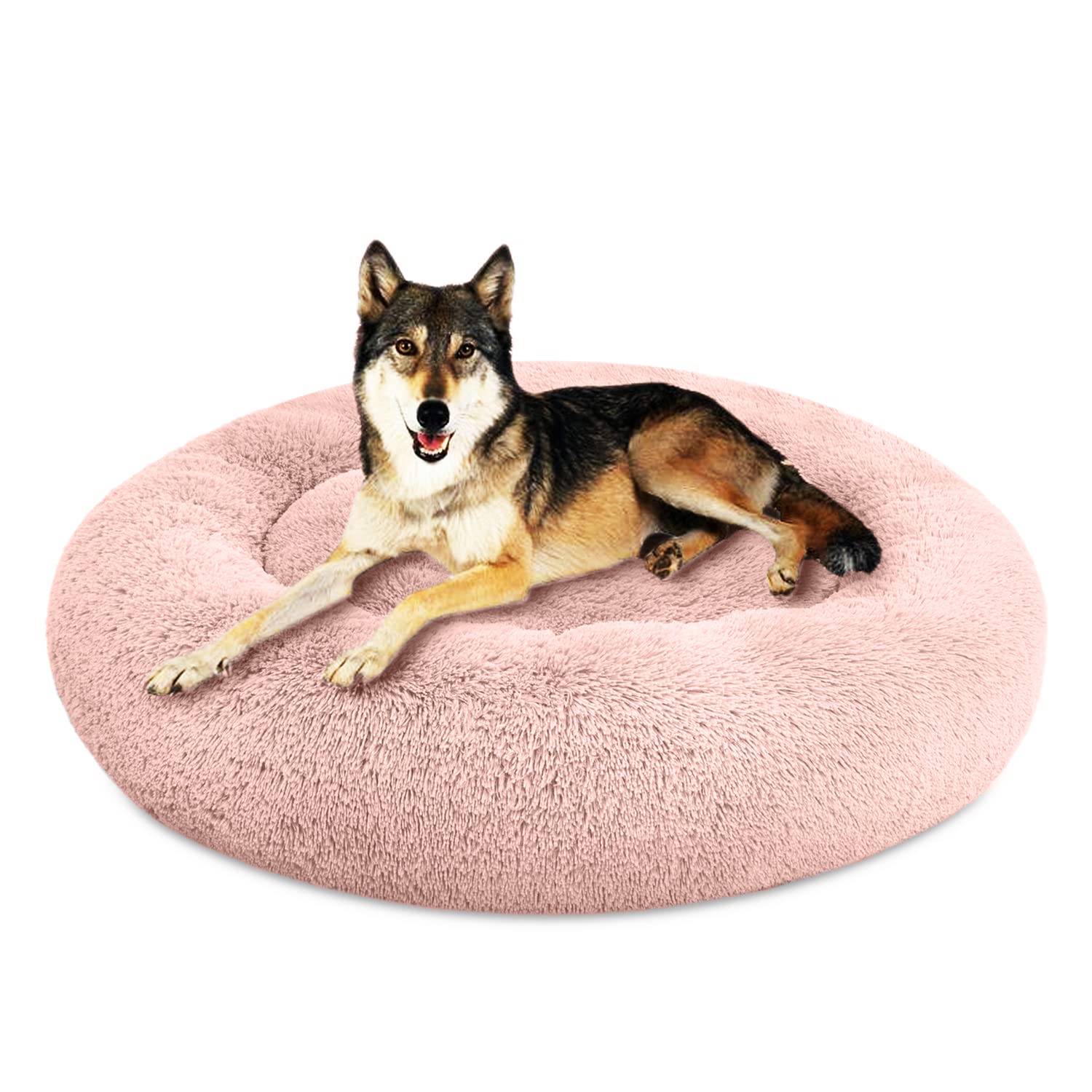 SAVFOX Plush Calming Donut Dog Bed for Small, Medium, Large & X-Large Dogs - Ultra Soft Faux Fur Washable Pet Bed for Dogs & Cats (Sizes S-XXL) - Perfect for Anxiety Relief, Cuddling & Cozy Napping in Living Room or Bedroom