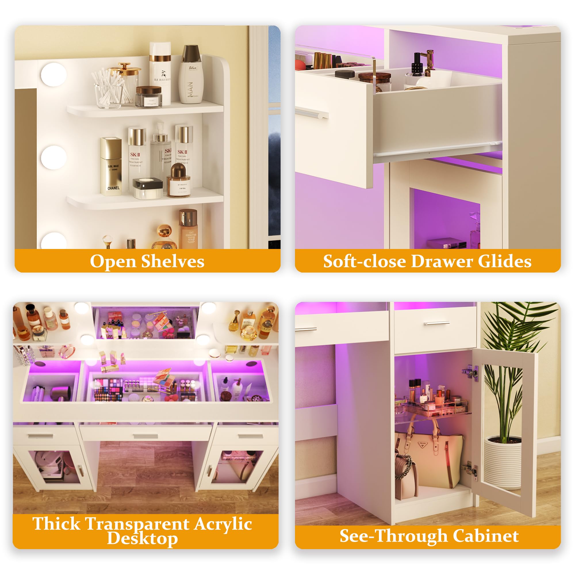 HUAHUUU Vanity Desk with Mirror & LED Lights - White Makeup Dressing Table, 3-Color RGB Drawers, Transparent Top, 6 Shelves, 2 Tempered Glass Cabinets, Built-in Power Outlet - Perfect for Bedroom, Dorm Room & Beauty Salon Makeup Station
