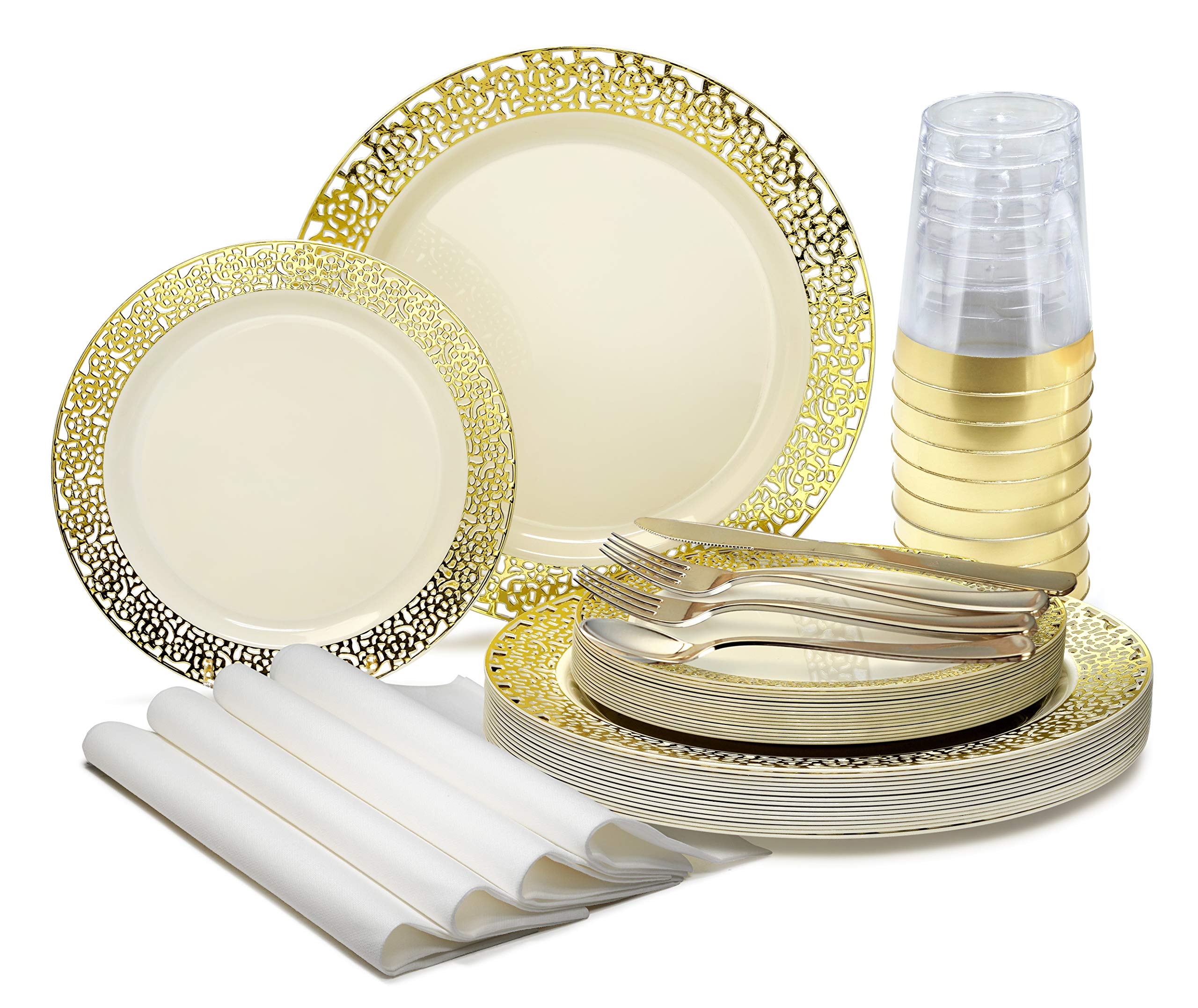 640-Piece Disposable Plastic Plate Set for 80 Guests - 10.25'' & 7.5'' Plates, Silverware, Cups & Napkins - Florence Ivory & Gold - Perfect for Weddings, Parties & Events