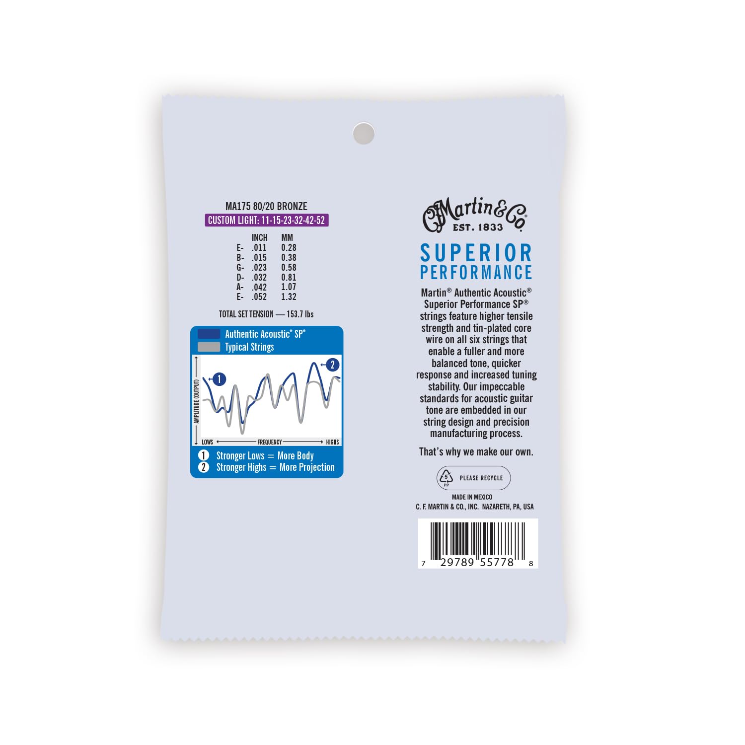 Martin Authentic Acoustic Guitar Strings - Custom Light 11-52 Gauge, 80/20 Bronze for Superior Tone & Playability | Perfect for Folk, Country & Fingerstyle Playing