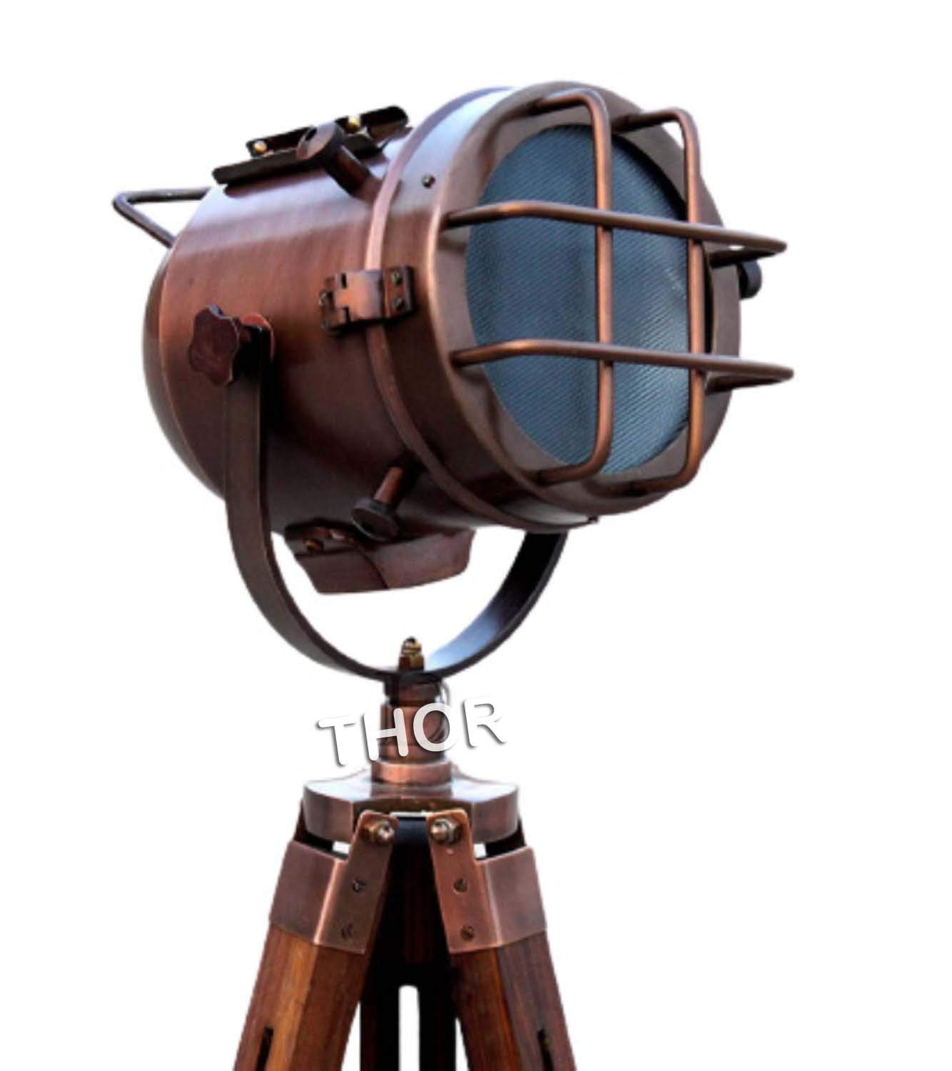 Handmade Copper Floor Lamp with Wooden Tripod - Nautical Modern Searchlight for Home & Office Decor - Rustic Vintage Style Gift for Living Room, Bedroom, or Study Lighting