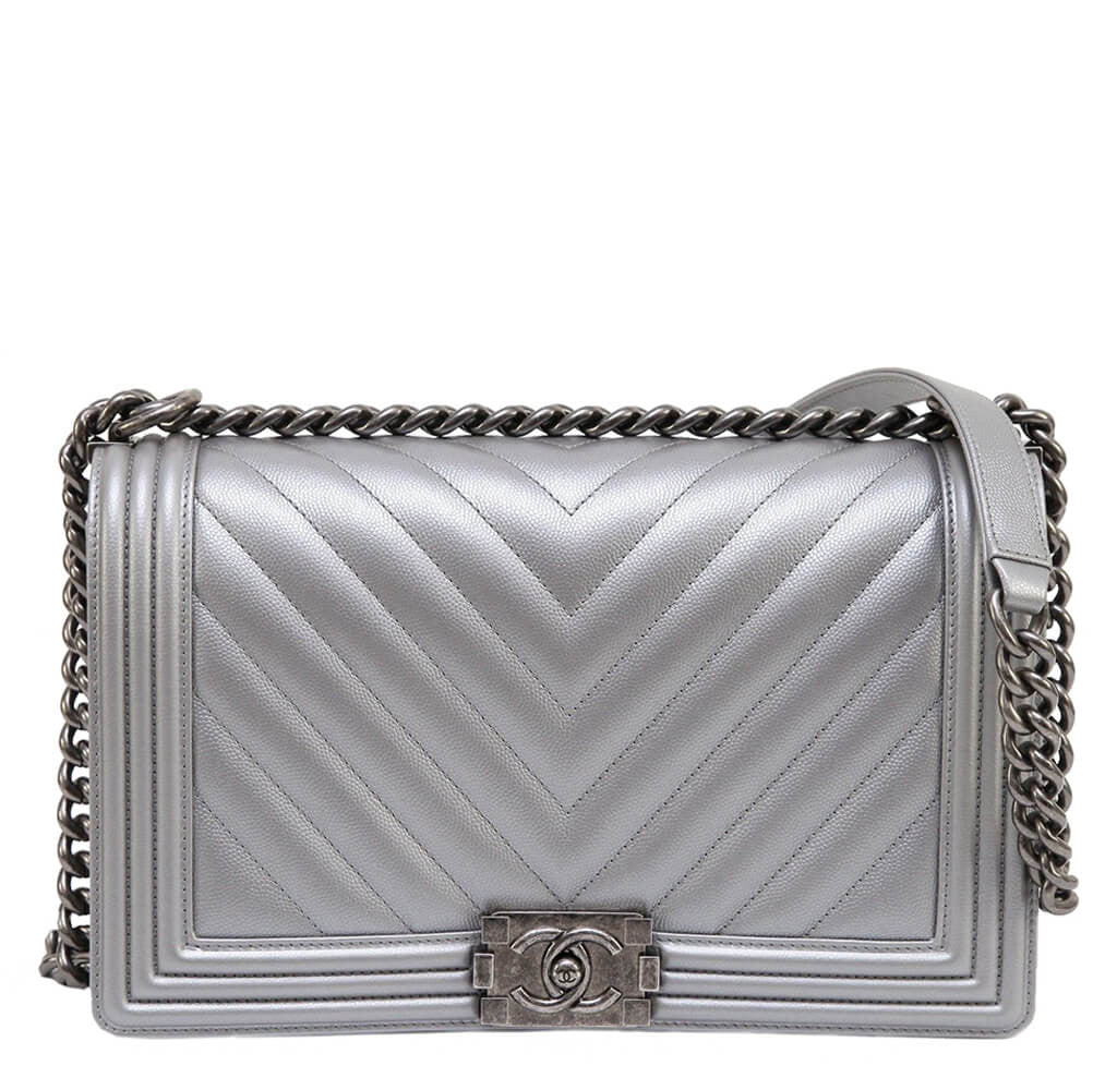 Chanel Metallic Grey Silver Boy Bag Caviar Leather - Luxury Designer Handbag for Women, Perfect for Parties, Date Nights & Special Occasions