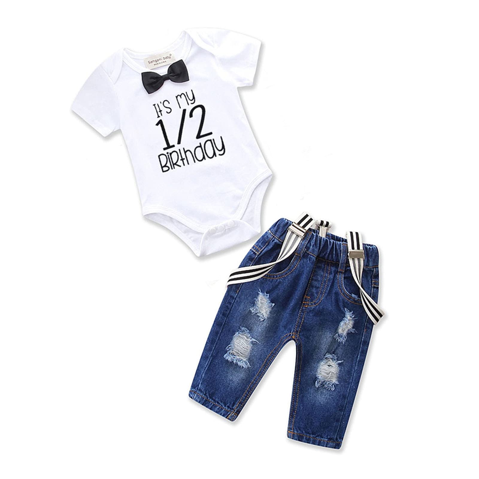 Adorable Toddler Boy Birthday Outfit Set - Bowtie Romper & Ripped Denim Pants with Suspenders | Perfect for 1st Birthday, Photoshoots & Special Occasions
