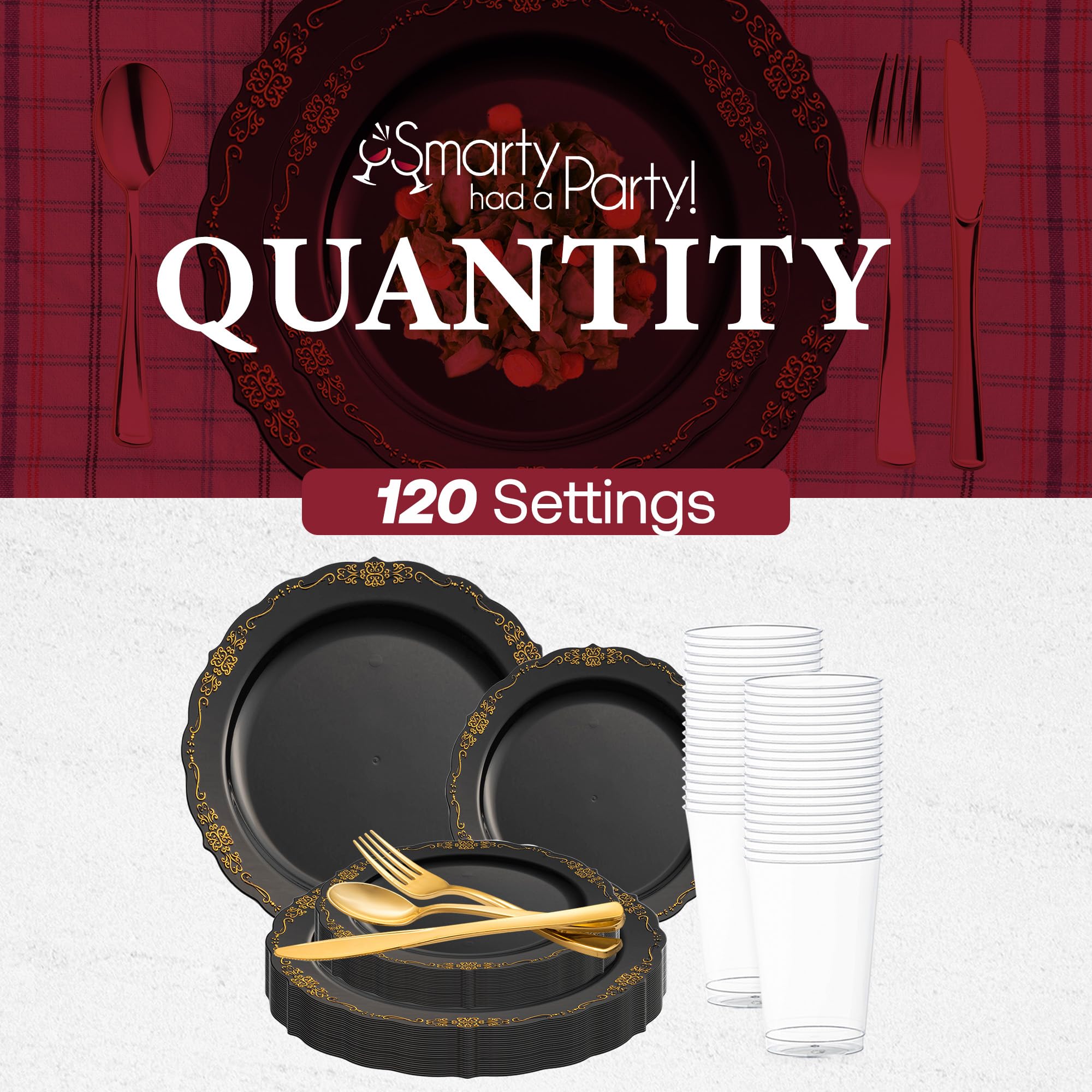 Elegant Black and Gold Plastic Dinner Plates Set for 120 Guests - Premium Gold Rimmed Plates, Silverware & Clear Cups - Perfect for Weddings, Parties, and Formal Events