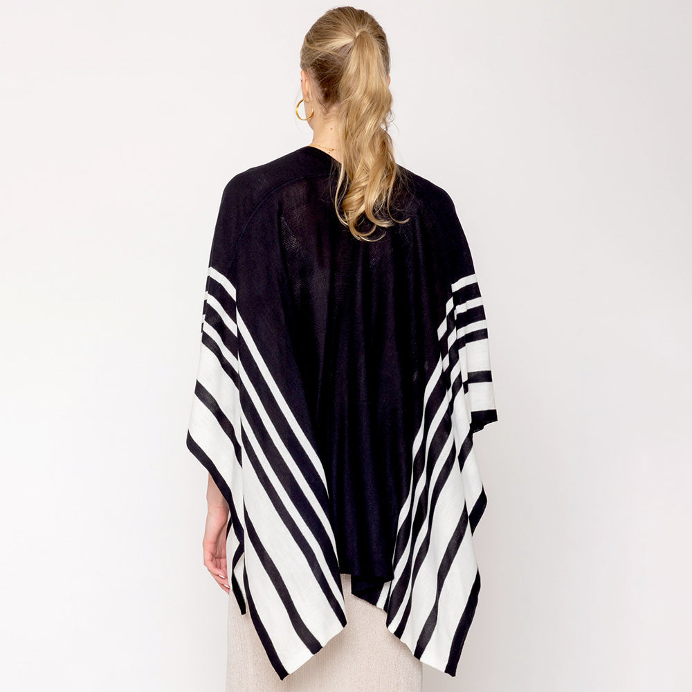 Stylish Black & White Two Tone Border Ruana Poncho - Elegant Wrap for Women | Perfect for Fall, Winter, and Special Occasions