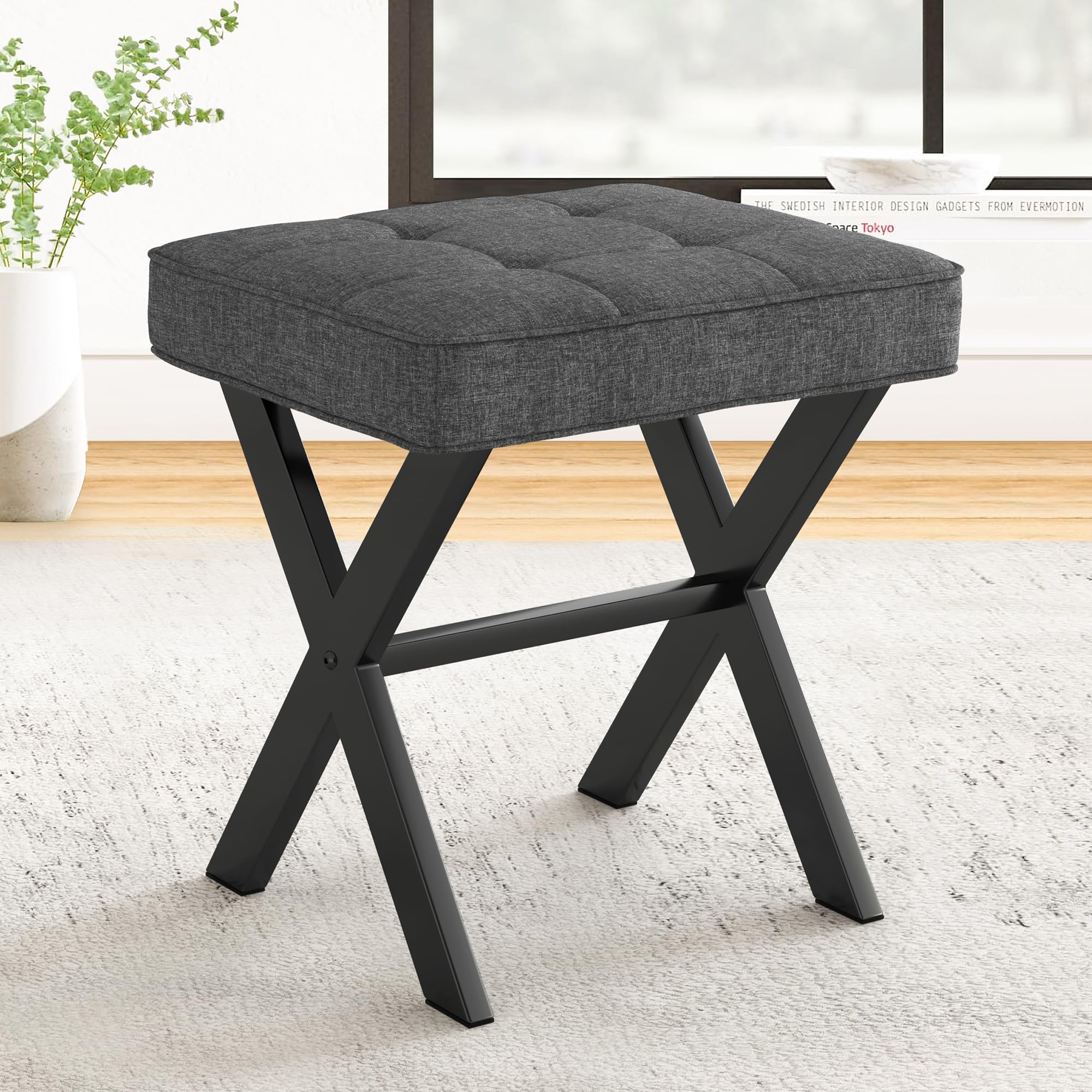 LUE BONA Vanity Stool with X-Legs - Modern Makeup Seat for Bedroom & Bathroom