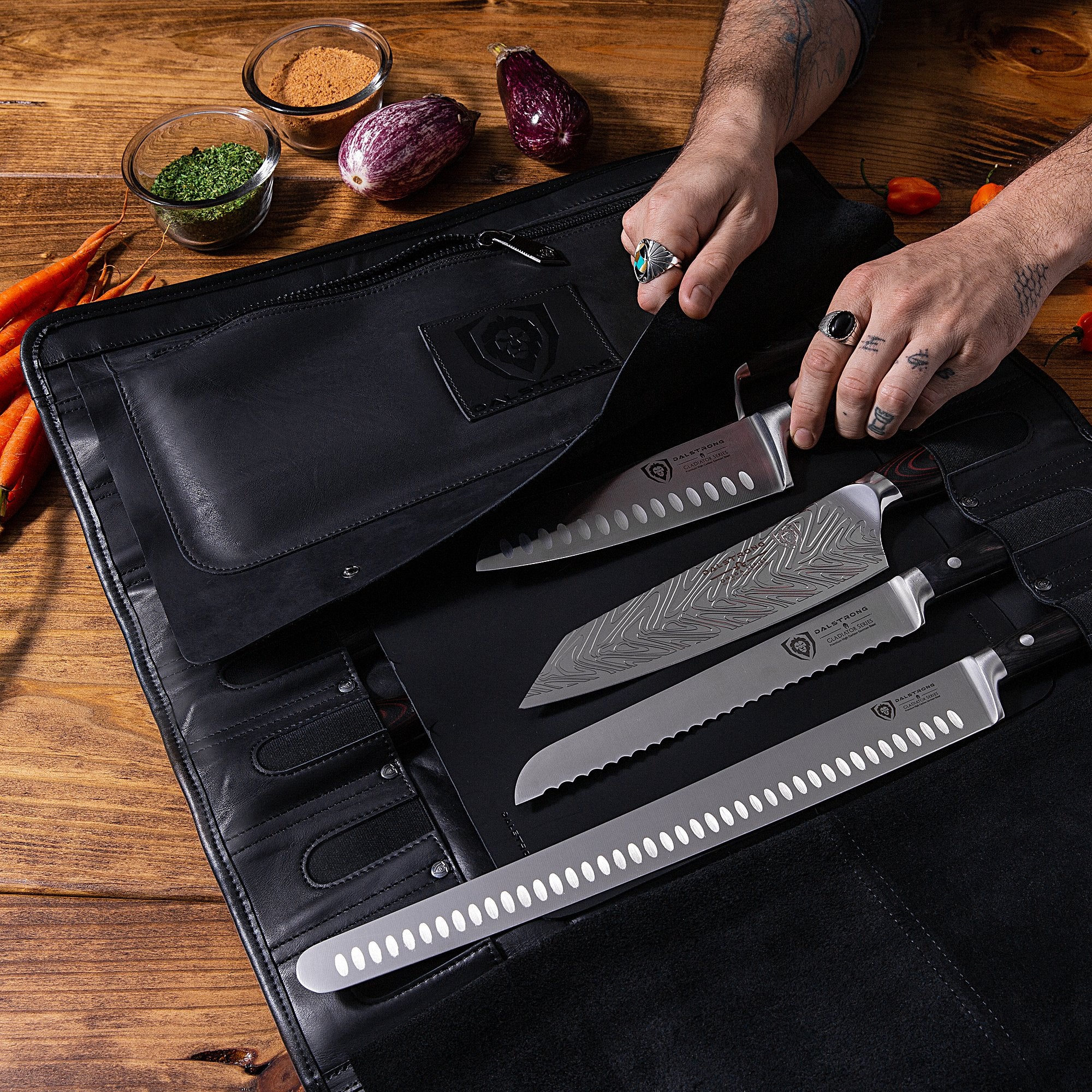 Premium Full Grain Leather Vagabond Knife Roll - Midnight Black | Dalstrong Professional Chef Knife Case for Travel & Kitchen Storage