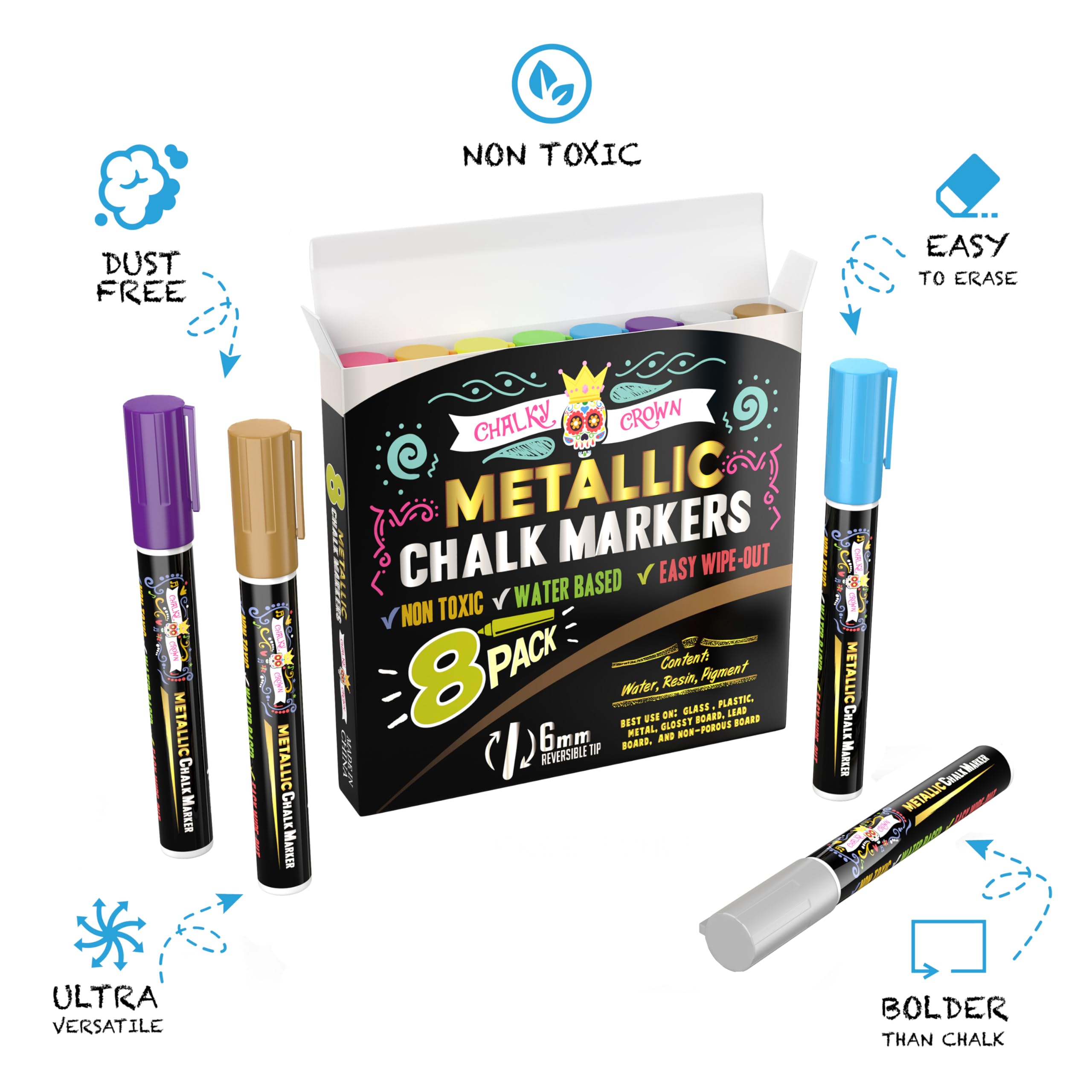 CHALKY CROWN Metallic Liquid Chalk Markers 8 Pack - Reversible Bullet & Chisel Tip Whiteboard Markers for Blackboard, Glass, Mirrors - Non-Toxic, Dust-Free Chalkboard Pens - Perfect for Restaurants, Classrooms & DIY Art Projects