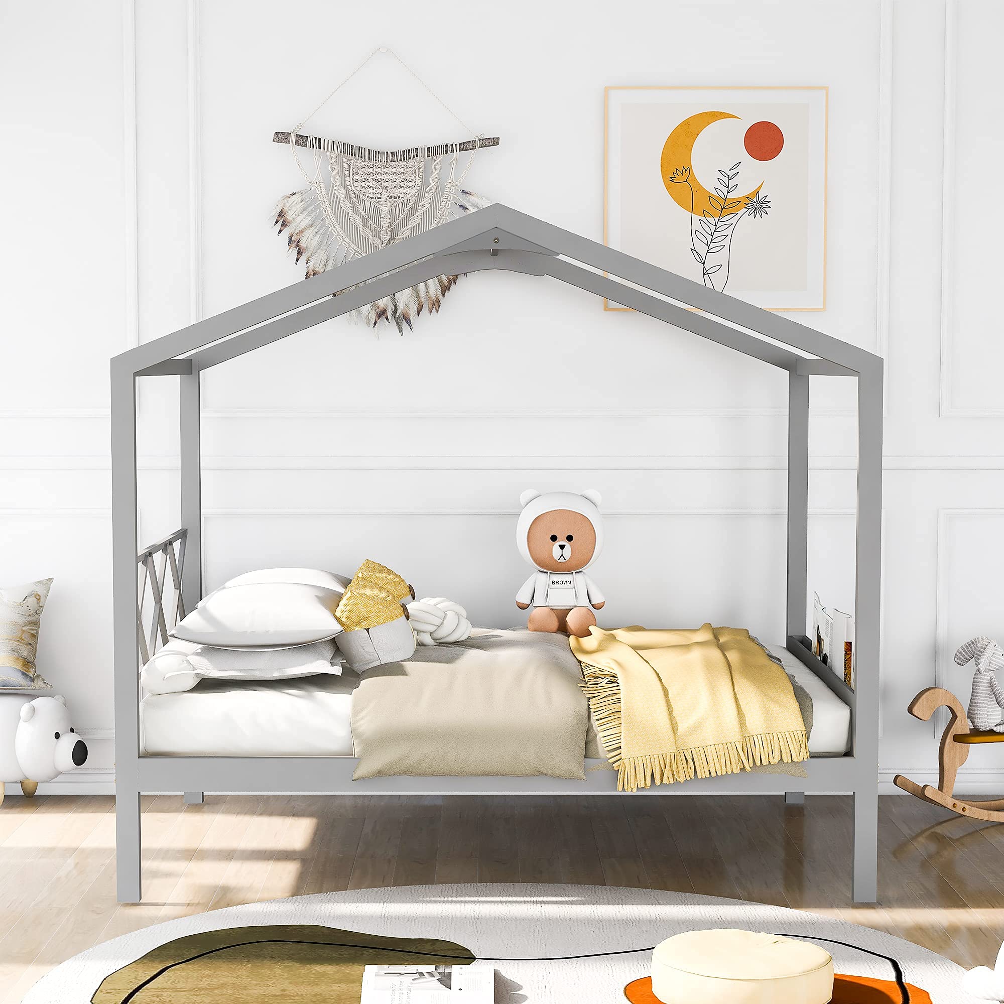 **Wooden House Bed Frame with Storage for Kids - Full Size Platform Bed with House Roof, X-Shape Headboard & Storage Footboard (Gray) - Perfect for Kids' Bedroom, Playroom & Small Spaces**