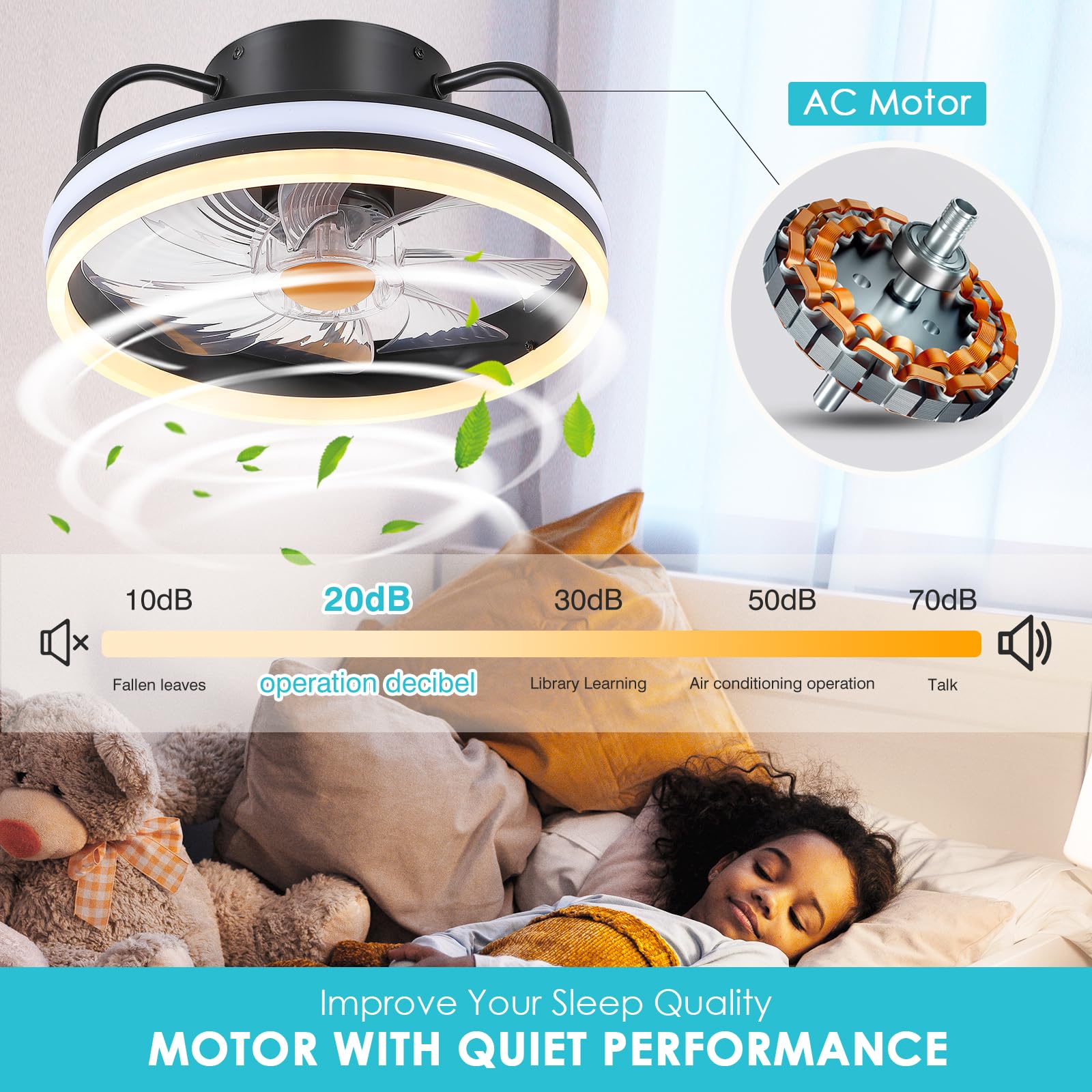 Modern Flush Mount Ceiling Fan with RGB Dimmable LED Light - 13