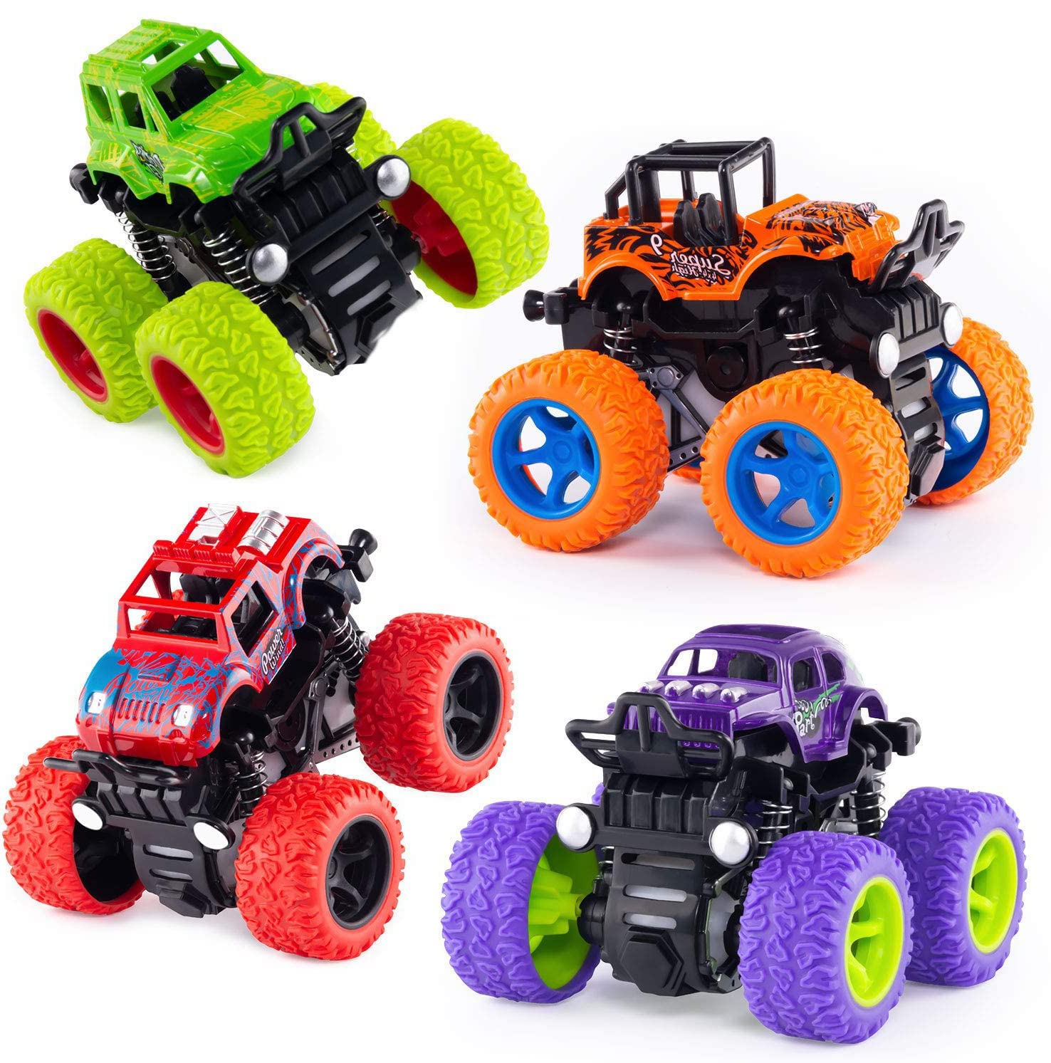 Monster Trucks Inertia Powered Toy Cars - 4 Color Friction Powered Vehicle Toys for Toddlers & Kids | Perfect for Birthday, Christmas Gifts & Party Supplies for Boys and Girls | Indoor Play, Racing Games & STEM Learning Fun