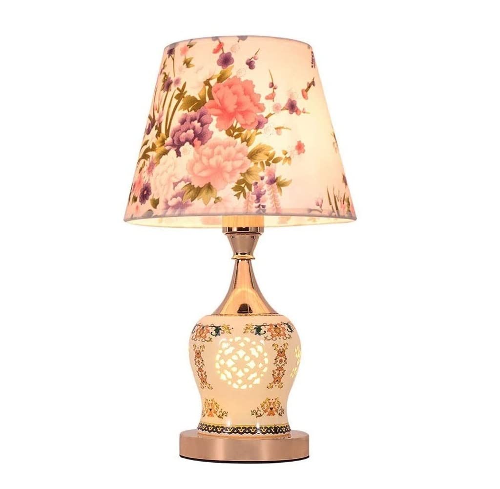JGATW Modern Table Lamp with Printed Fabric Shade - Ceramic Bedside & Desk Lamp for Bedroom, Living Room, Home Decor - Remote Control Nightstand Light (Perfect for Reading & Ambient Lighting)