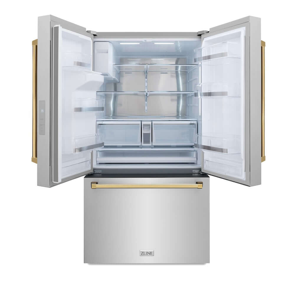 ZLINE Autograph Edition 36 Inch French Door Refrigerator - 28.9 cu. ft. Capacity, External Water Dispenser, Dual Ice Maker, Fingerprint Resistant Stainless Steel with Polished Gold Handles (RSMZ W 36 G) - Perfect for Modern Kitchens, Entertaining & Large Family Storage