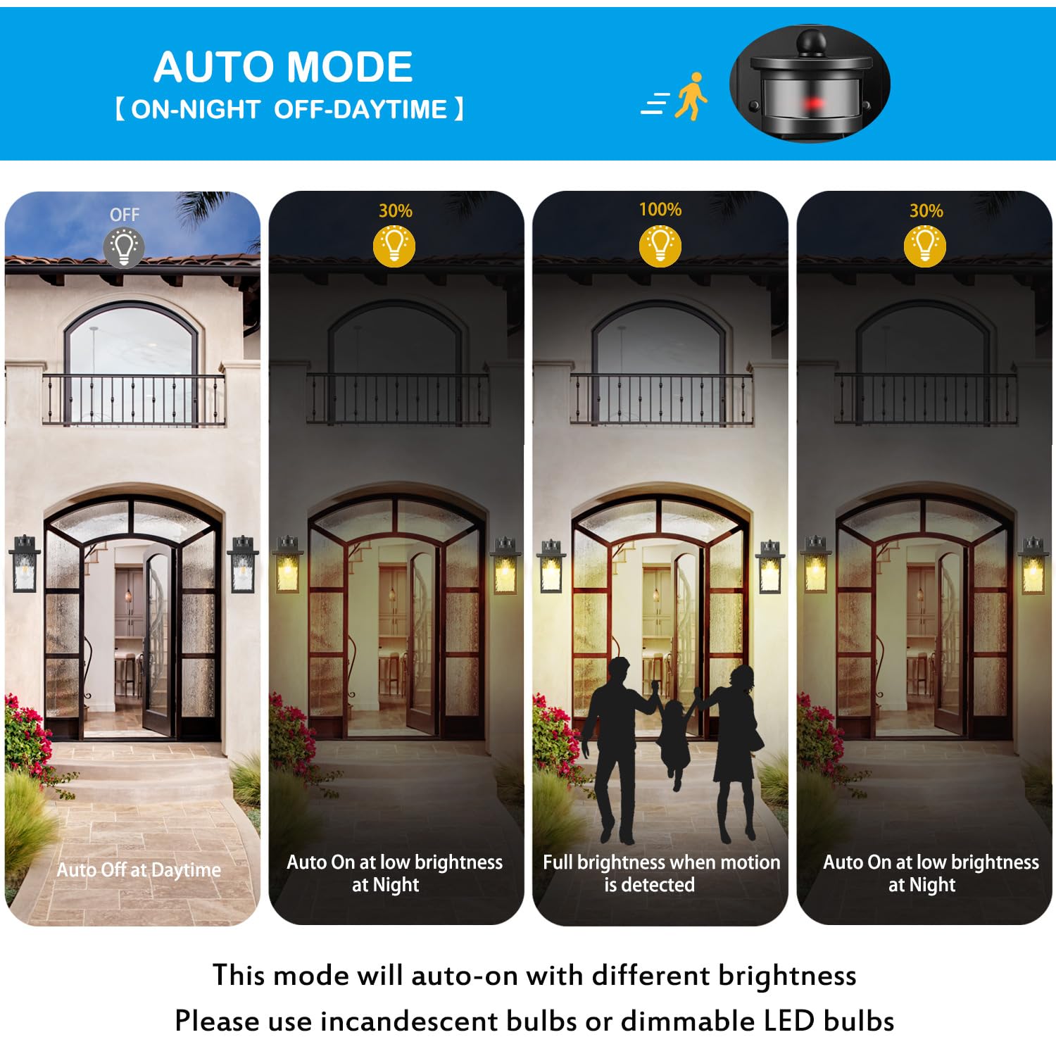 Outdoor Motion Sensor Porch Lights - Waterproof & Rustproof Aluminum Wall Sconce, Dusk to Dawn Exterior Lighting Fixture, Modern Black Gold Finish (2 Pack) - Perfect for Patio, Front Door, Garage & Backyard Security Lighting