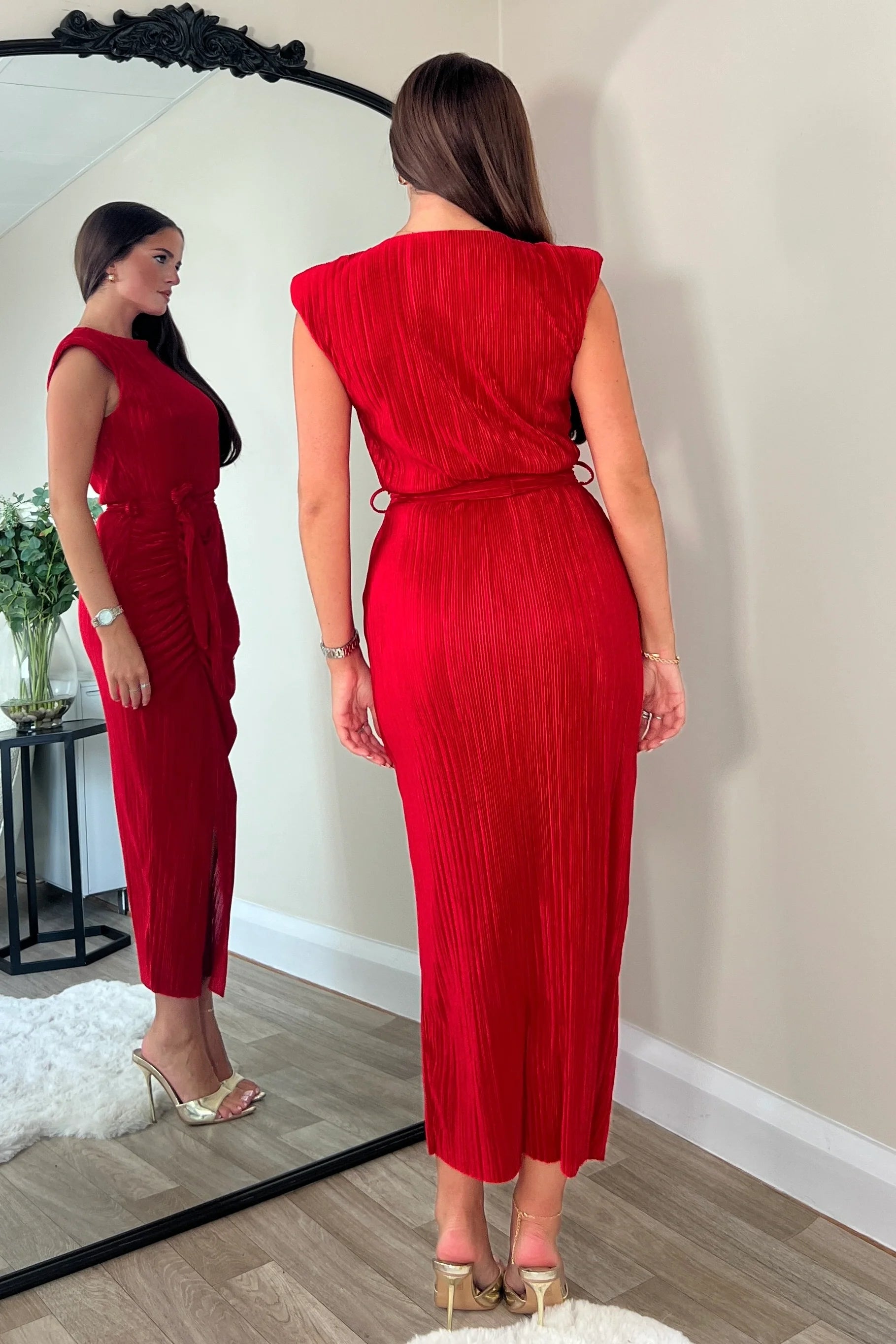 Elena Ruched Seamed Midi Dress for Women - Flattering Bodycon Cocktail Party Dress in Red | Perfect for Date Night, Wedding Guest & Special Occasions