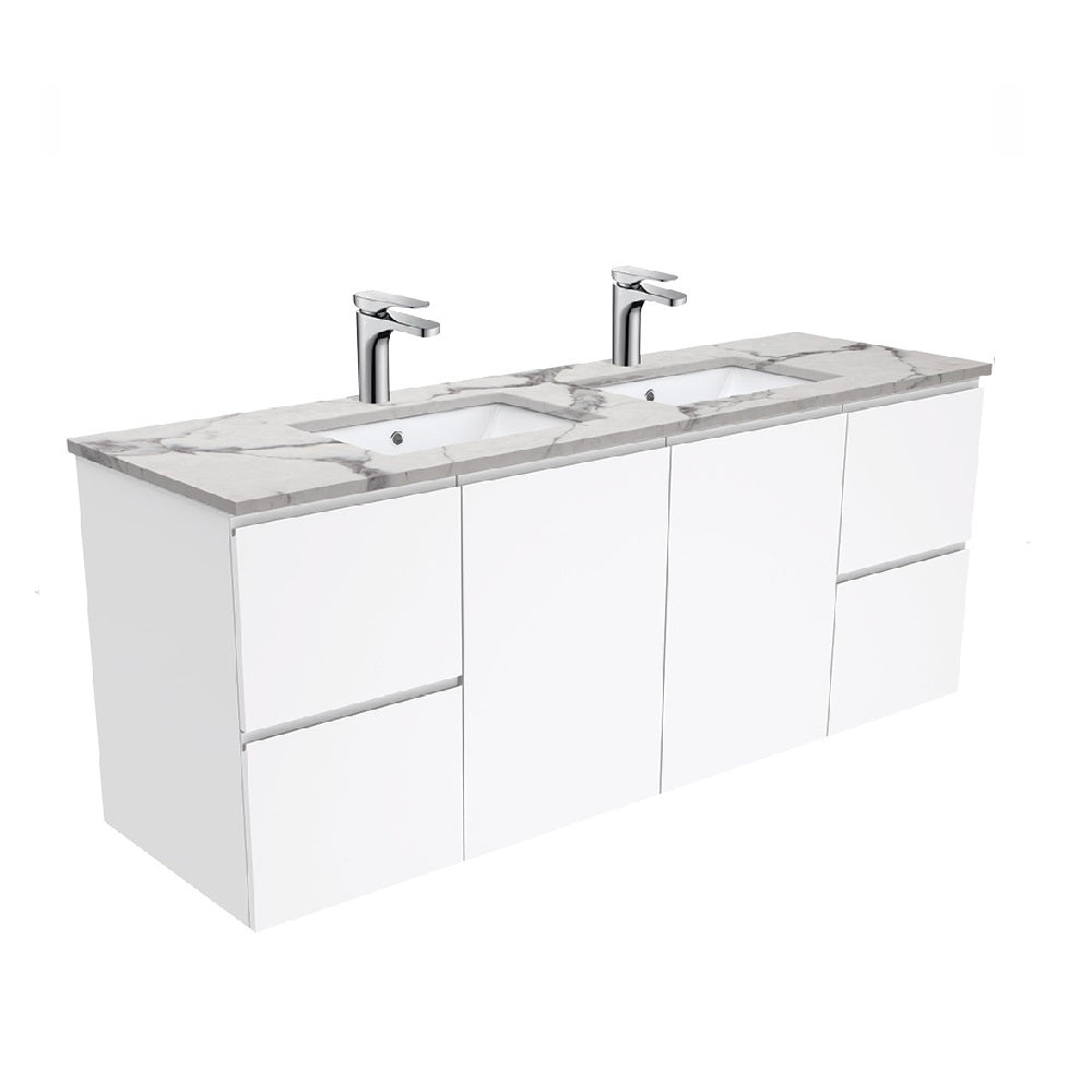 Fienza SM150FD 60-Inch Double Bowl Calacatta Marble Bathroom Vanity with Fingerpull Design - Wall Mounted Modern Sink Cabinet for Master Bath & Powder Room Renovation