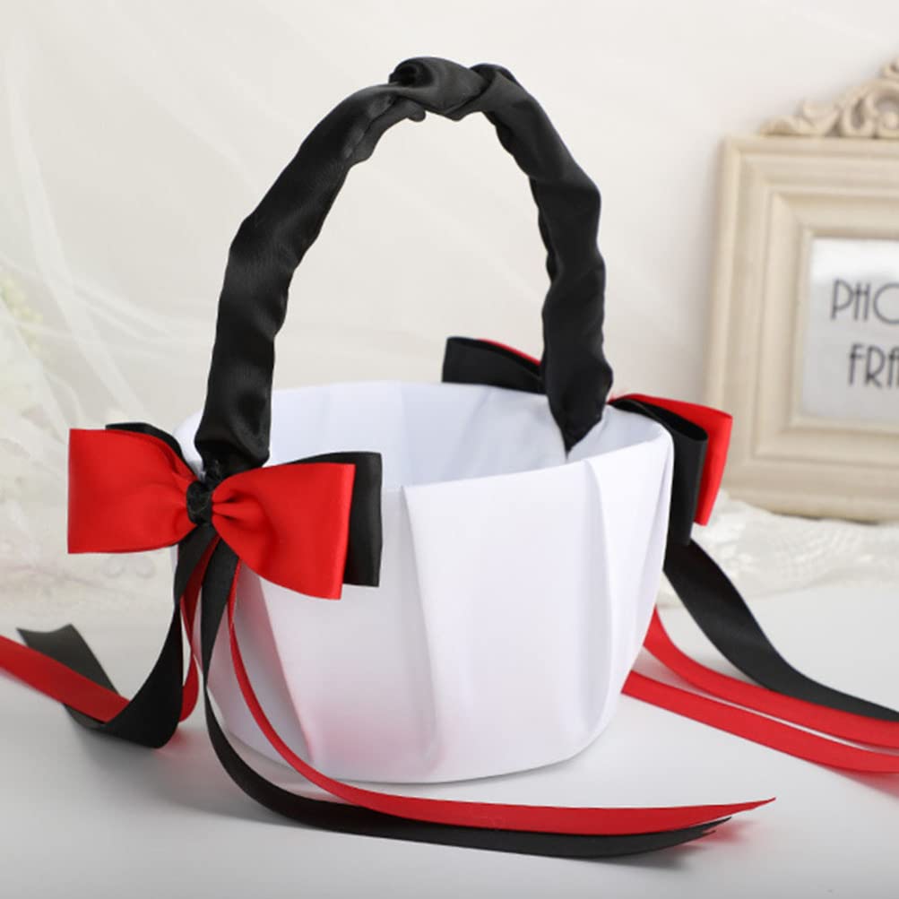 Elegant Black and Red Bowknot Flower Girl Basket with Handle - Wedding Ceremony Party Decoration for Romantic Bridal Showers, Receptions & Photo Props