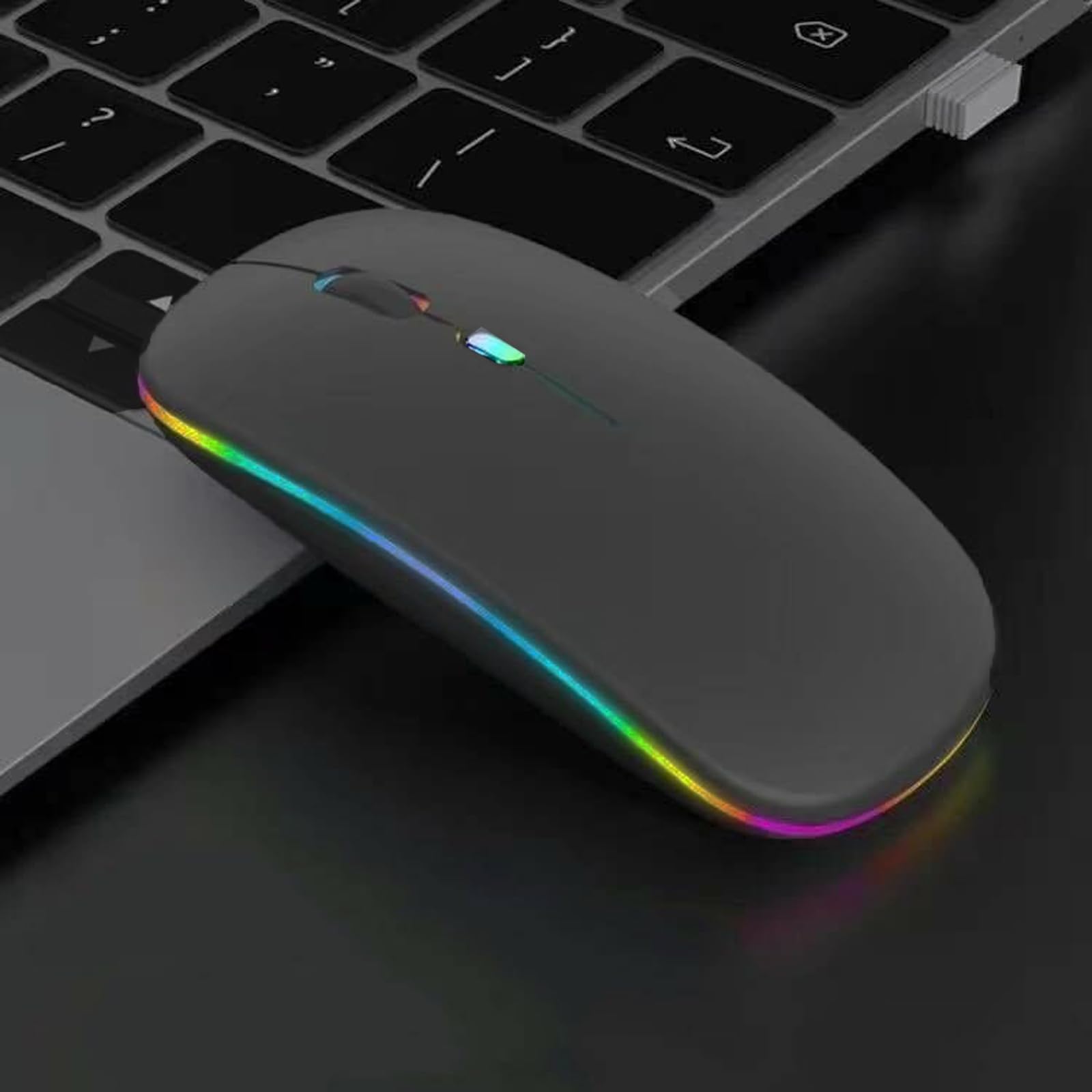 Wireless Bluetooth Mouse with LED, Rechargeable Dual Mode Silent Slim Mouse for Laptop - BT5.2 & USB Receiver, Portable Computer Mouse for PC, Mac, iPad, Tablet, Phone & TV - Perfect for Office, Home & Travel Use (Grey)