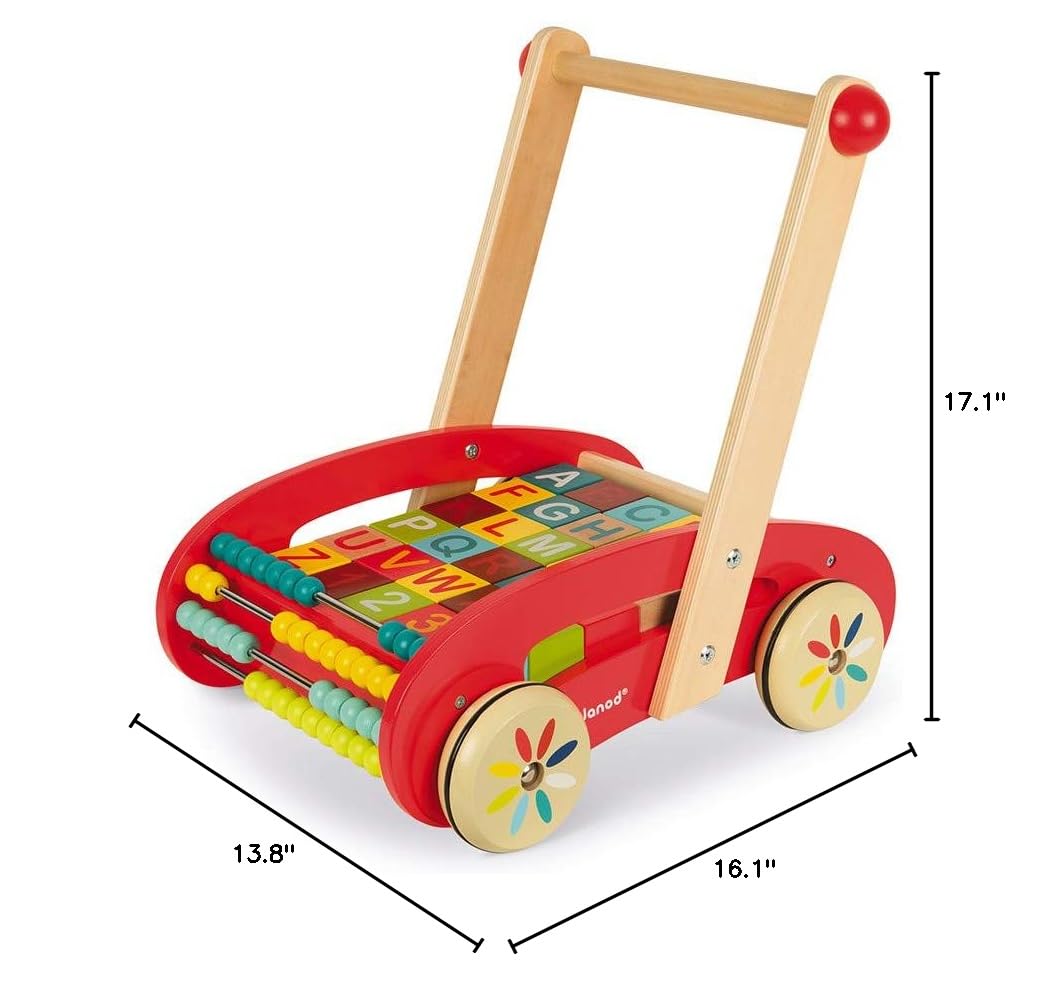 Janod Wooden ABC Buggy Cart with 30 Blocks - Educational Push Toy for Toddlers Ages 1-3 - Learning Alphabet & Motor Skills - Perfect for Indoor Play & Outdoor Walks - J05379