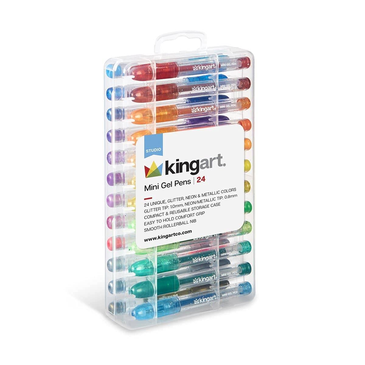 KINGART 401-24 Mini Neon, Metallic & Glitter Rollerball Gel Pens Set - 24 Vibrant Colors for Writing, Coloring, Doodling - Perfect for Scrapbooking, Journaling, Note Taking & Art Projects - Ideal for Students, Artists & Craft Lovers