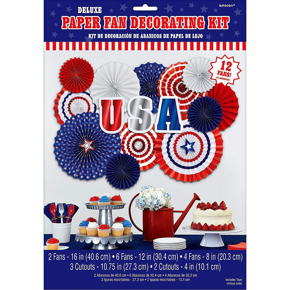 Amscan Patriotic Fan Party Decorating Kit - Red White & Blue 4th of July Decorations for Independence Day, Memorial Day & Labor Day Celebrations - Perfect for Backyard BBQs, Parades & Patriotic Events