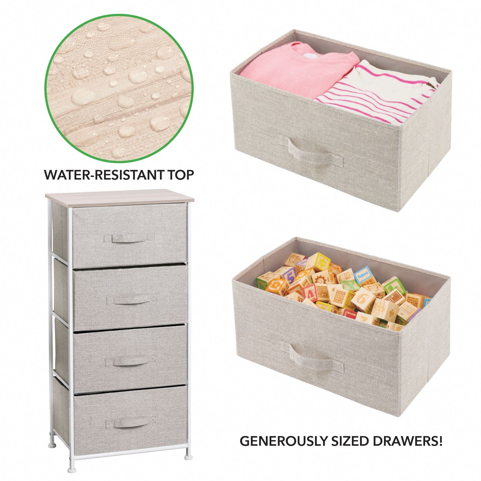 mDesign 4-Drawer Fabric Storage Tower Organizer - Steel Frame & Wood Top Dresser for Bedroom, Closet, Entryway - Lido Collection in Linen/Tan - Perfect for Clothing, Accessories & Home Organization