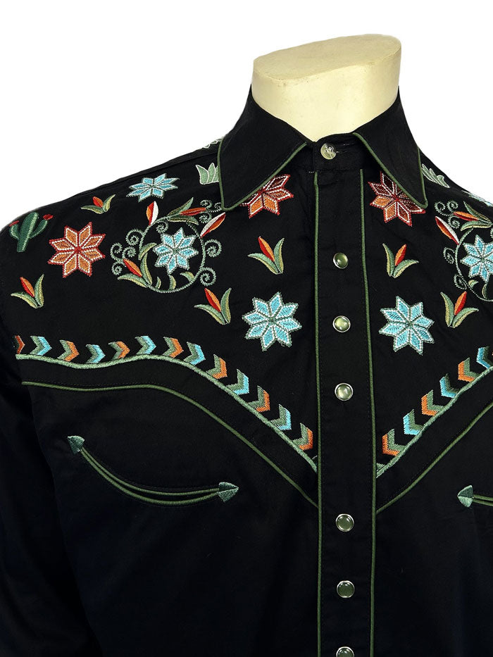 Rockmount 6865 BLK Men's Agave Cactus Floral Embroidered Western Shirt - Black Cowboy Shirt for Rodeo, Country Music Festivals & Western Style Fashion