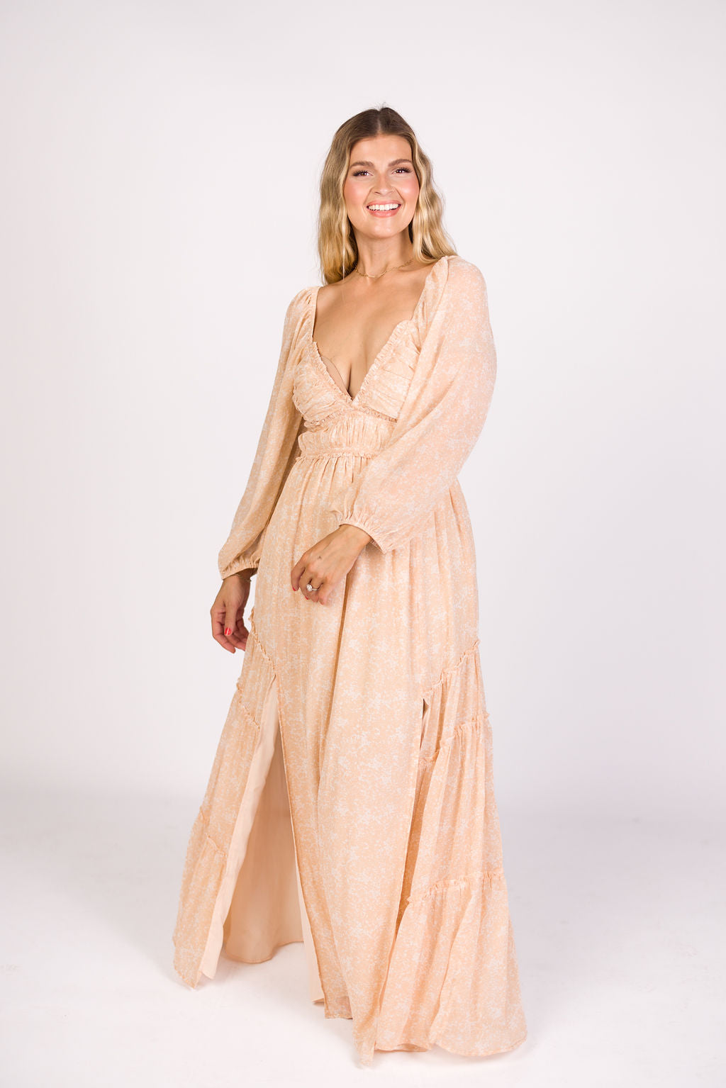 Daphne Long Sleeve Maxi Dress - Light Beige/White Floral Print | Bump Friendly Maternity & Inclusive Sizing (XS-3XL) | Perfect for Pregnancy, Weddings & Special Occasions