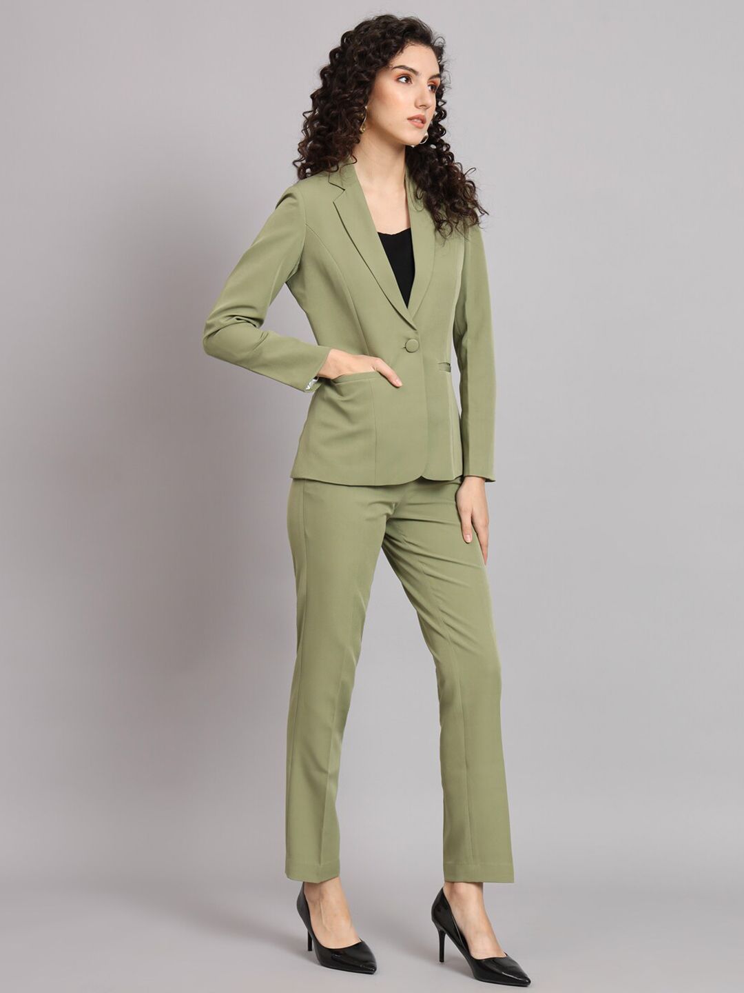 Stylish Notched Collar Pant Suit in Olive Green | Women's Professional Blazer & Pants Set | Perfect for Office Wear, Business Meetings & Formal Events