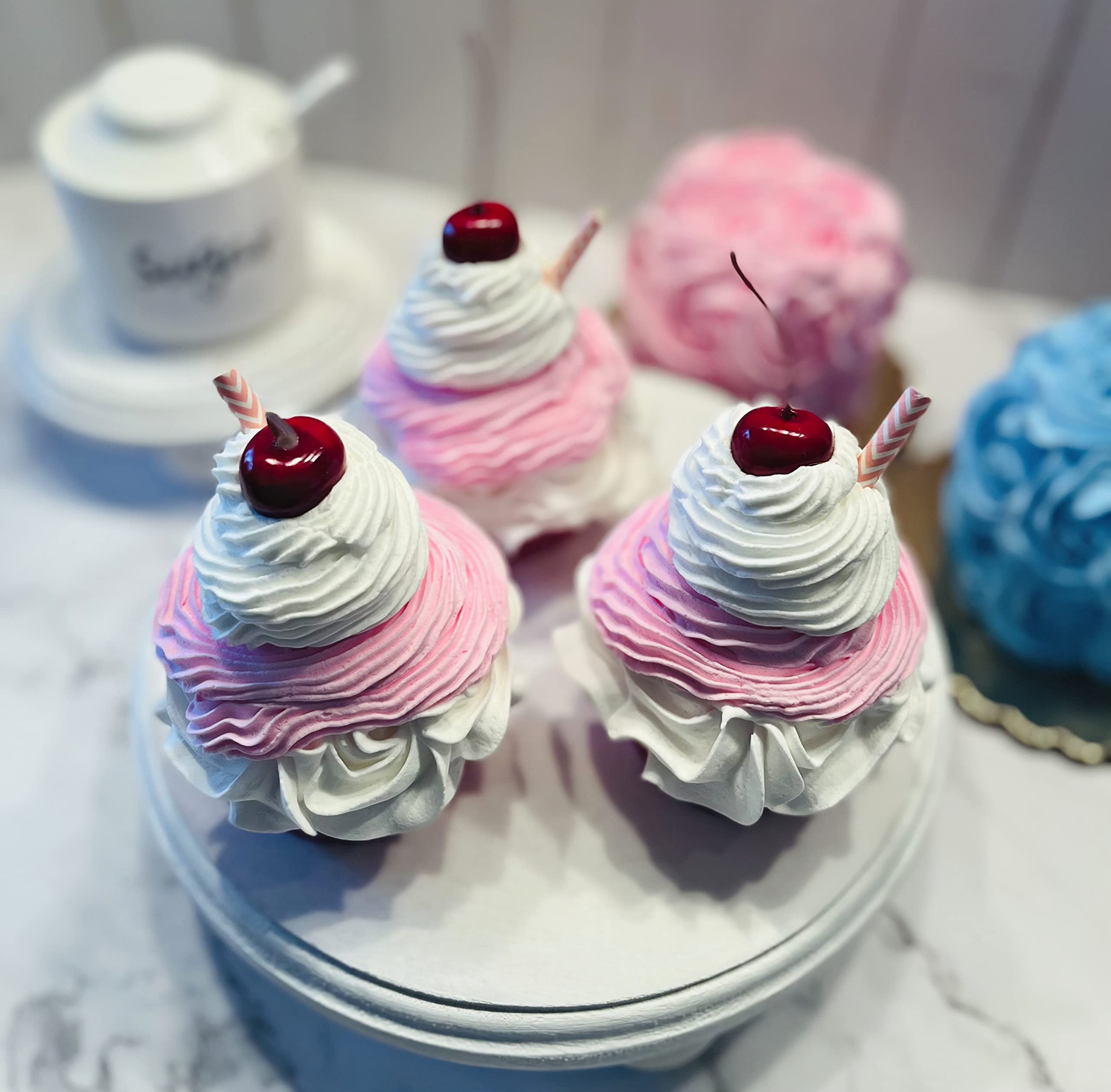 Artificial Fake Cupcakes & Cakes for Display - Faux Cake Decorations for Home, Kitchen & Party Decor - Strawberry Milkshake Pink Cupcake Fake Desserts - Perfect for Wedding, Birthday, Bakery & Dessert Table Displays