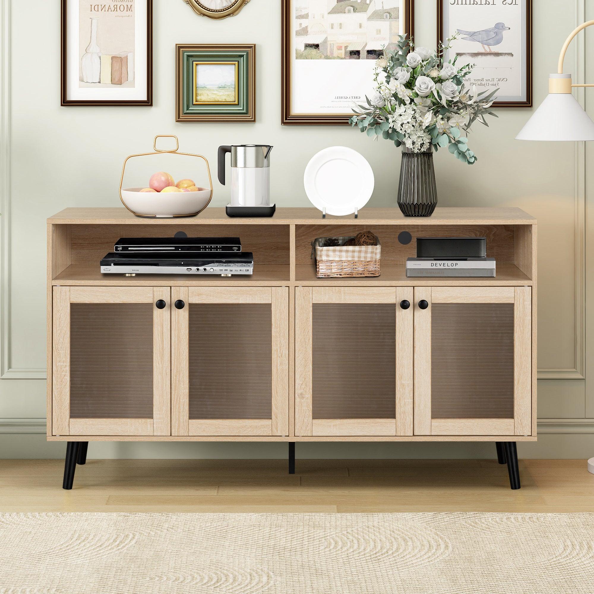Mid Century Modern TV Stand 56 Inch - Evans Open Shelf Entertainment Center with Storage Cabinets for Living Room & Bedroom - Perfect for Home Theater Setup & Media Organization