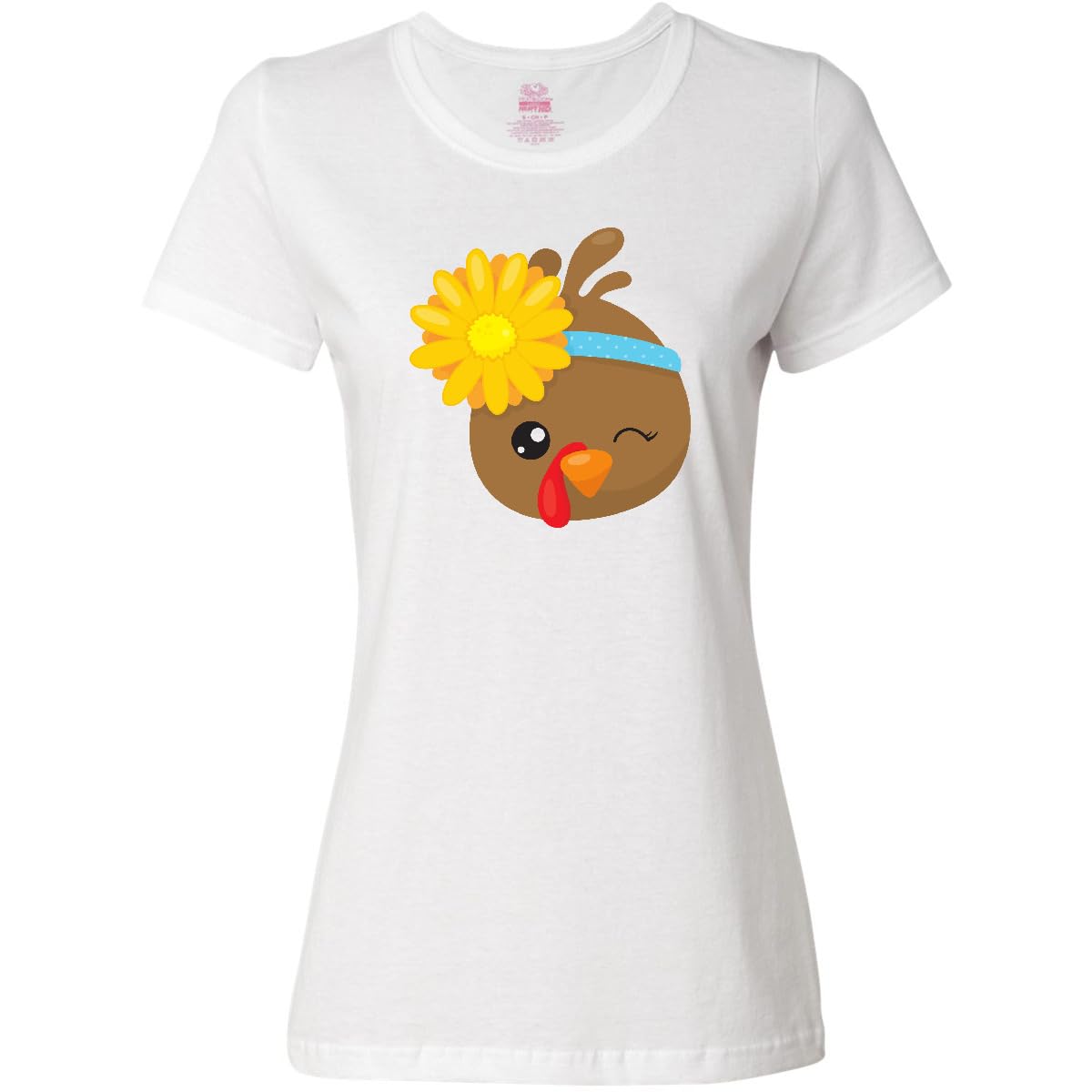 Inktastic Cute Turkey Women's T-Shirt - Brown Turkey with Sunflower Design | Casual Wear, Thanksgiving Outfit, Fall Fashion Apparel