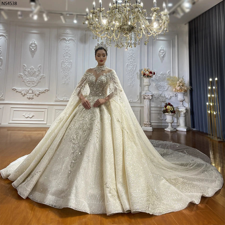 Elegant Long Cape Luxury Lace Wedding Dress for Brides - Perfect for Church Ceremonies, Beach Weddings & Formal Receptions
