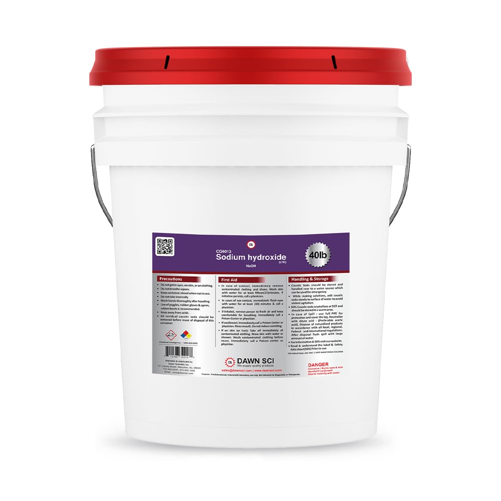 Pure Sodium Hydroxide (Caustic Soda Beads) - 40 lb Pail for Soap Making, Drain Cleaning & Industrial Use | High-Quality White NaOH Flakes | Laboratory & DIY Chemical Supply