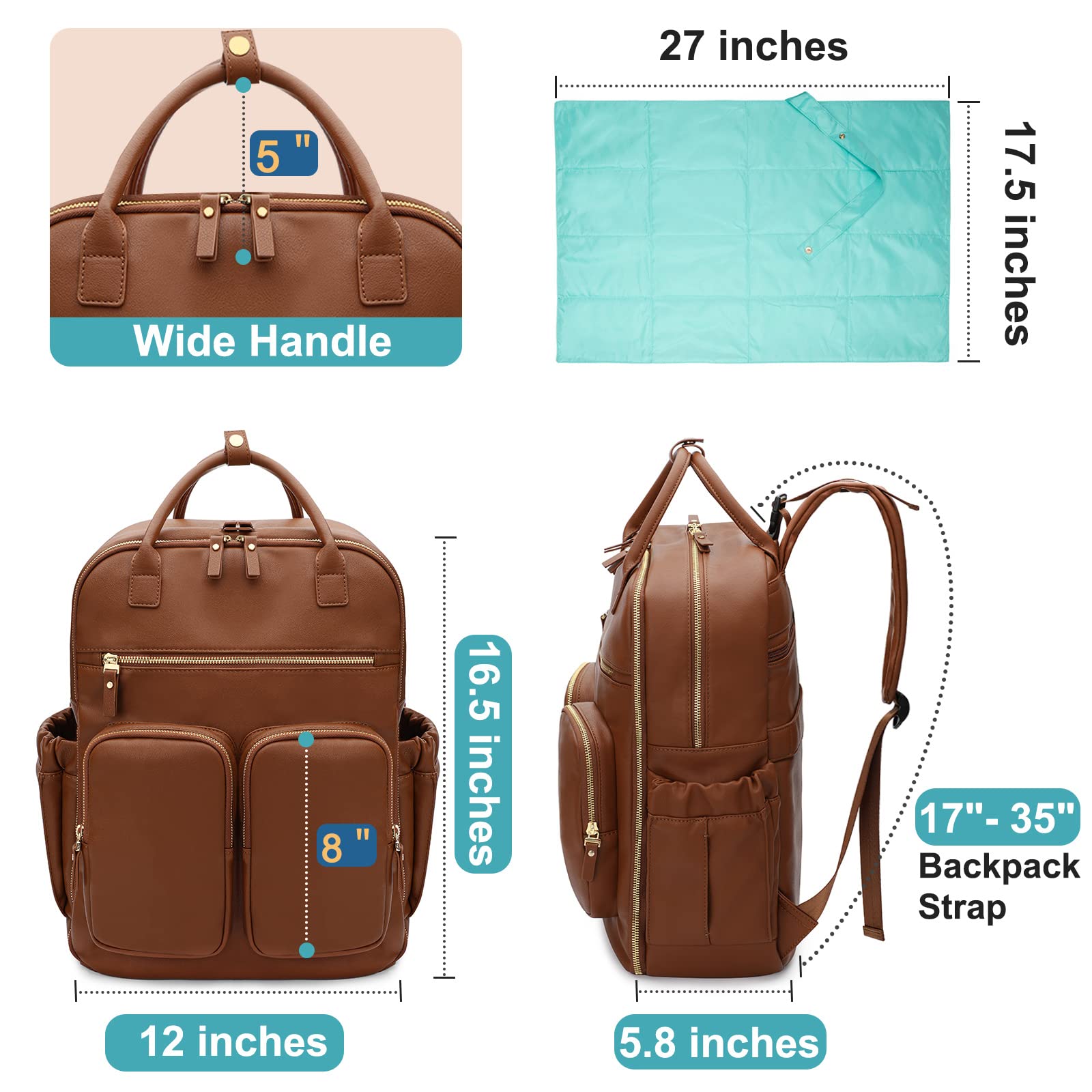Premium Leather Diaper Backpack for Moms - 18 Pockets, Large Wet Bag & 4 Insulated Pockets | Waterproof Baby Bag for Travel, Daycare & Stroller Use | Stylish Diaper Bag for Women (Brown)