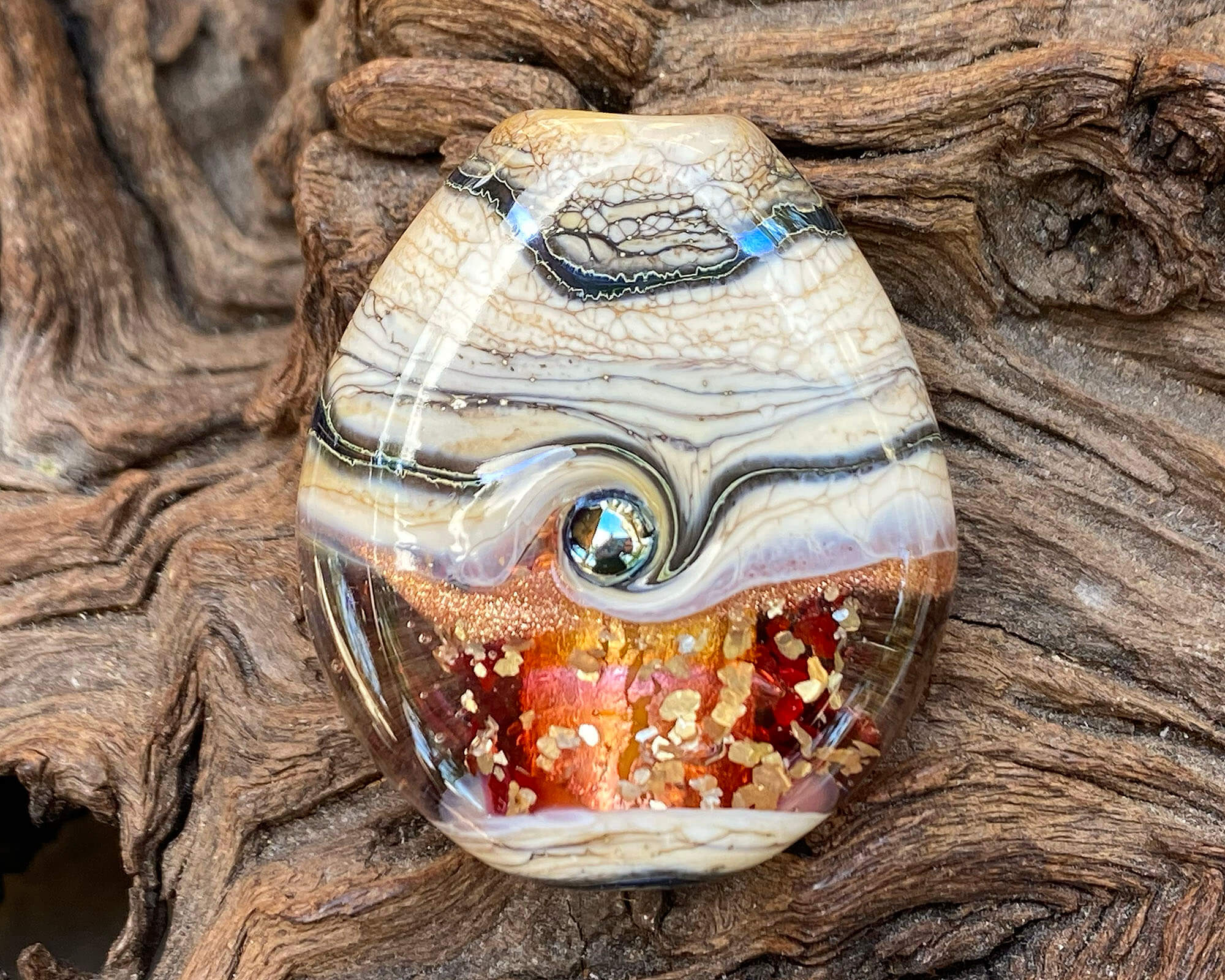 Handmade Golden Fire Organic Lampwork Glass Focal Bead - SRA Certified Artisan Jewelry Bead for Necklace, Bracelet & DIY Craft Projects