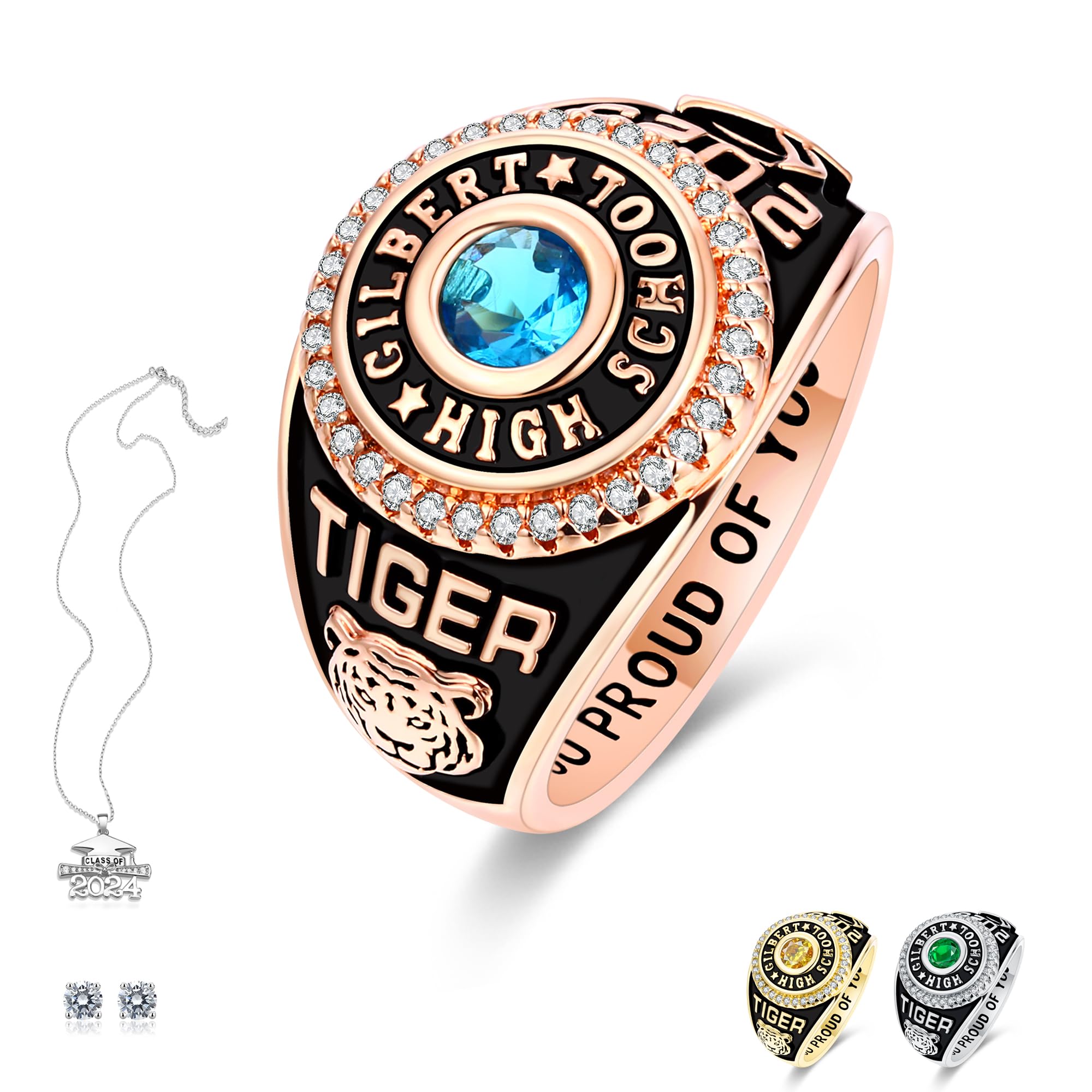 Personalized Custom Class Rings for Women - Birthstone Graduation Rings in Rose Gold Plated (Size 5-15) | High School & College Jewelry Gift for Her - Perfect for Commencement, Yearbook Photos & Alumni Events