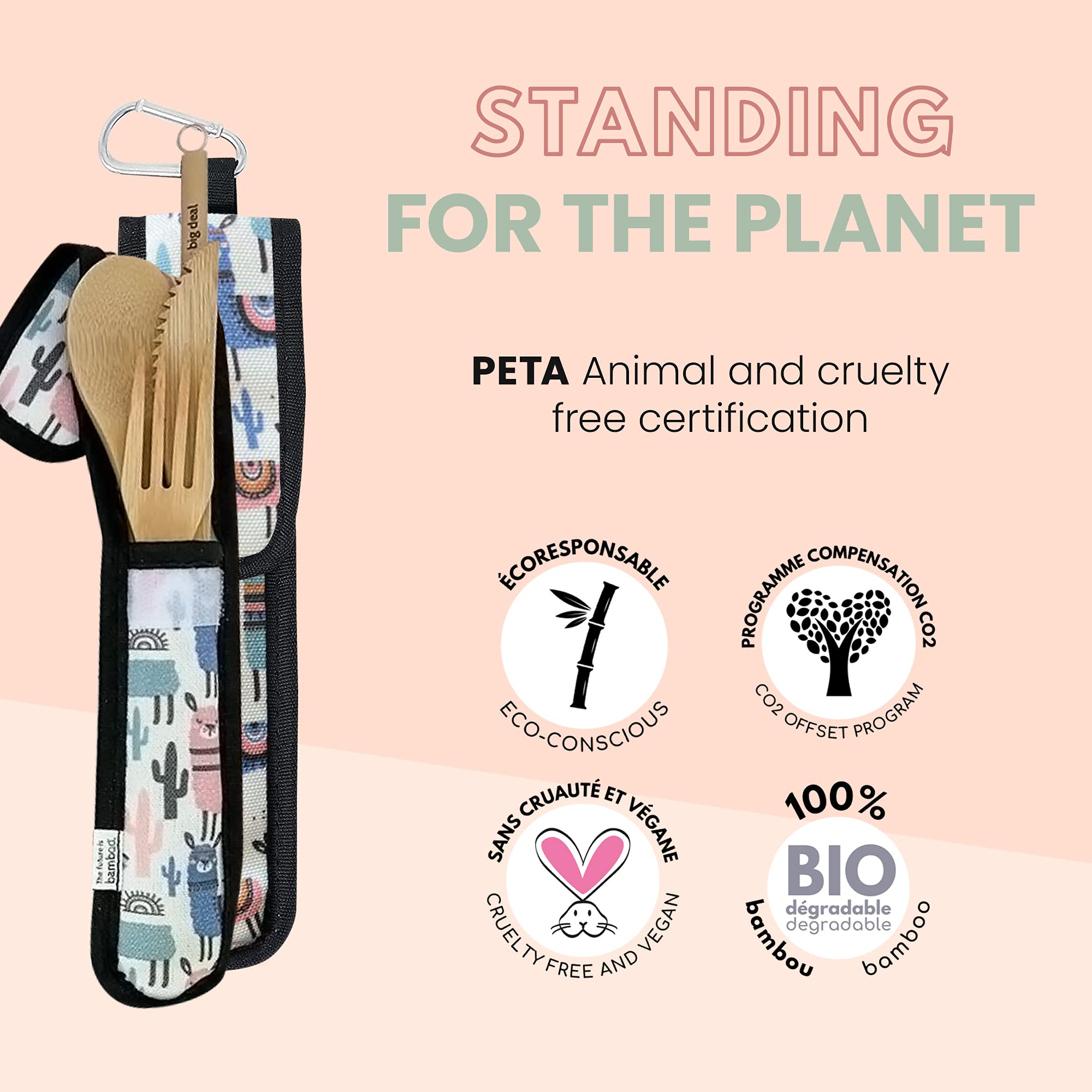 5-Piece Eco-Friendly Bamboo Travel Cutlery Set with Fork, Knife, Spoon, Straw & Cleaning Brush - Reusable Wooden Utensil Kit with Pouch & Carabiner for Camping, Picnics & On-the-Go Meals