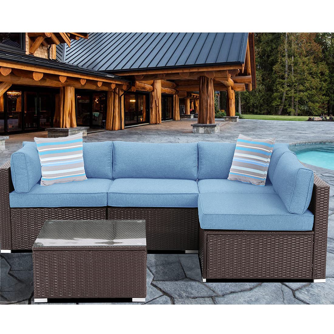 HOMPUS 5-Piece Outdoor Patio Sofa Set - All-Weather Chocolate Brown Wicker Sectional Furniture with Royal Blue Cushions, 2 Striped Pillows & Glass Coffee Table - Perfect for Garden, Backyard, Poolside & Patio Relaxation